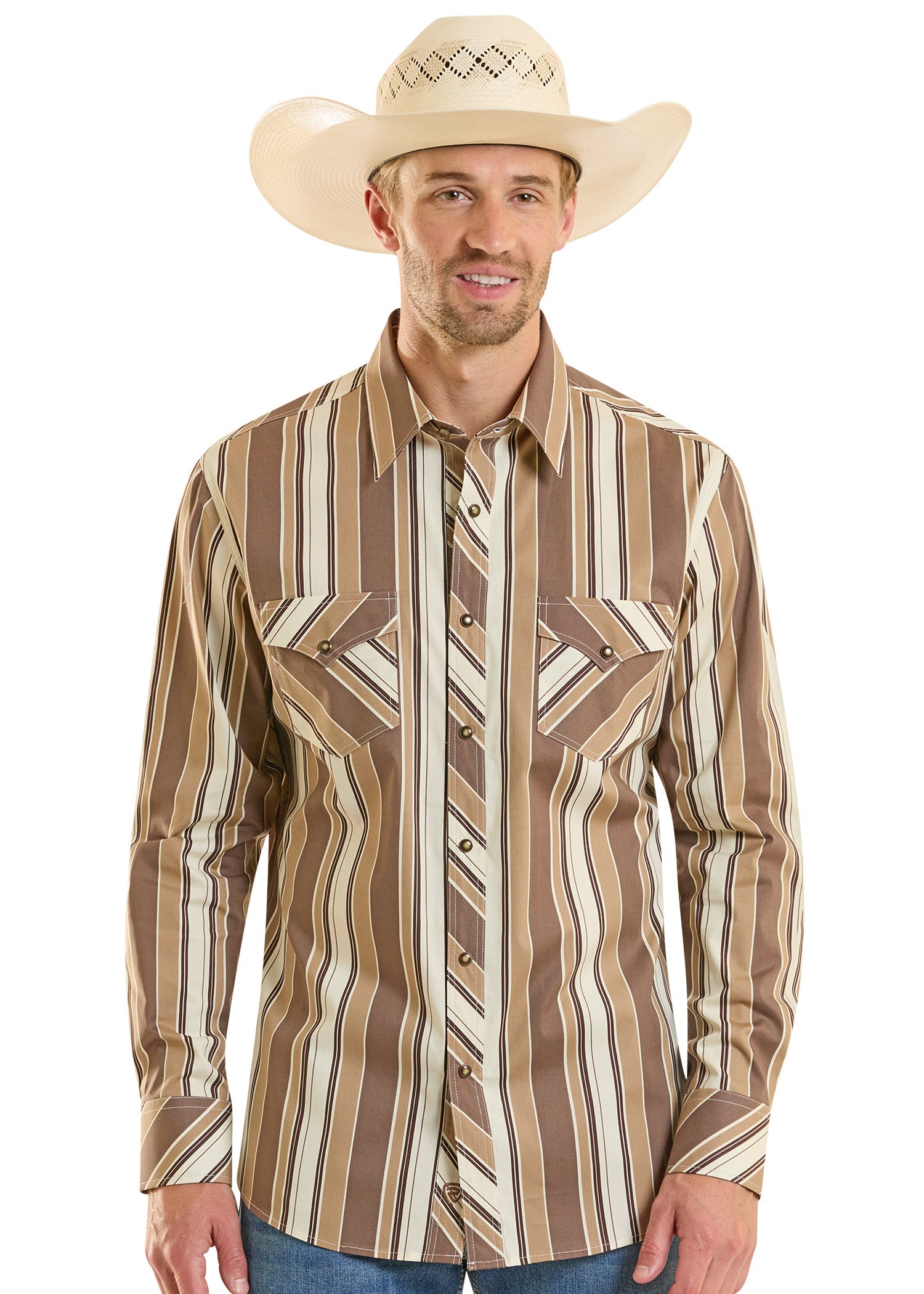 Men's Slim Fit Brown Stripe Long Sleeve Snap Shirt | Rock & Roll Denim