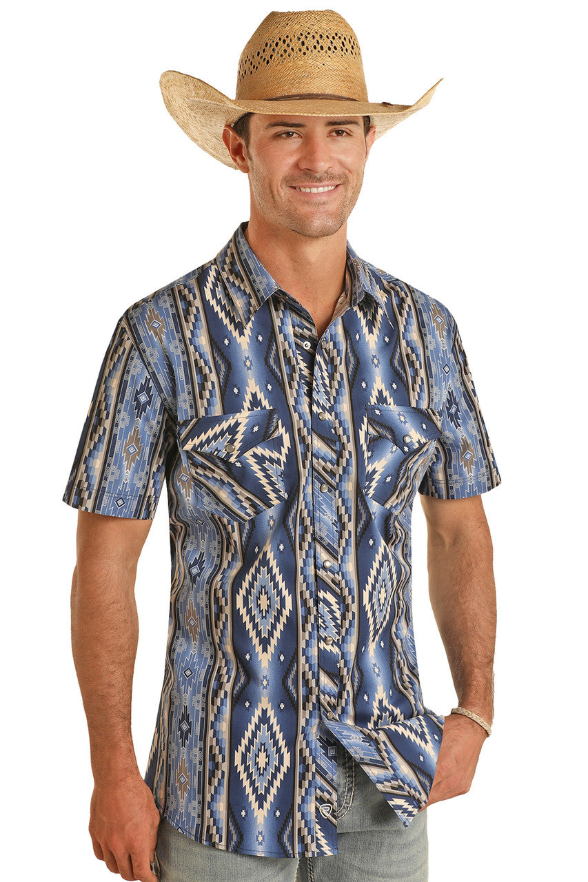 Blue Aztec Short Sleeve Snap Shirt