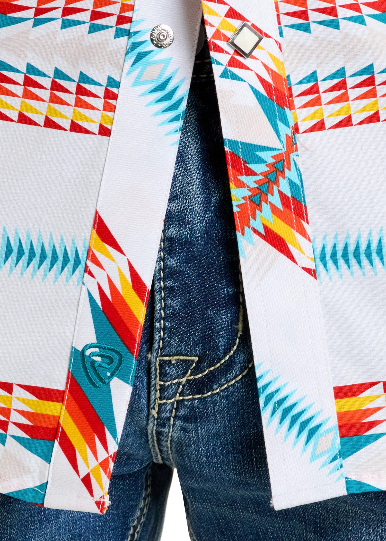 Men's Slim Fit White Aztec Short Sleeve Snap Shirt | Rock
