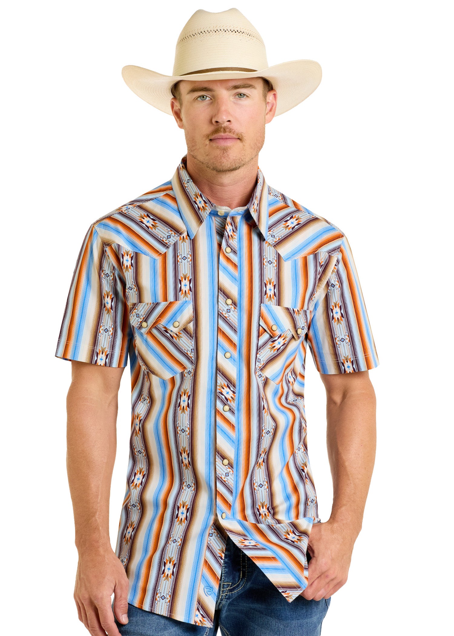 Men's Slim Fit Multi Aztec Short Sleeve Snap Shirt | Rock