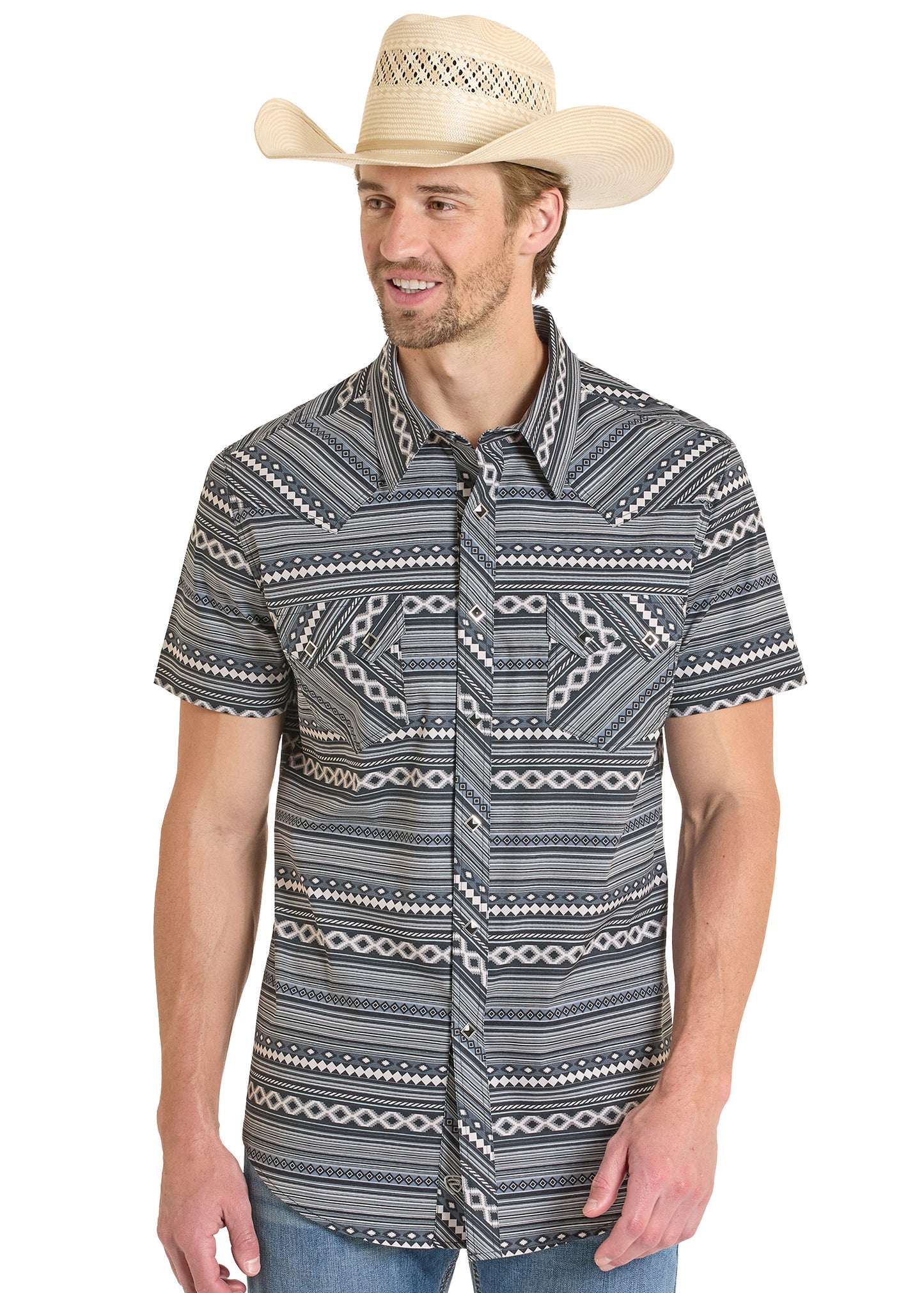 Man wearing a patterned shirt and cowboy hat on a white background