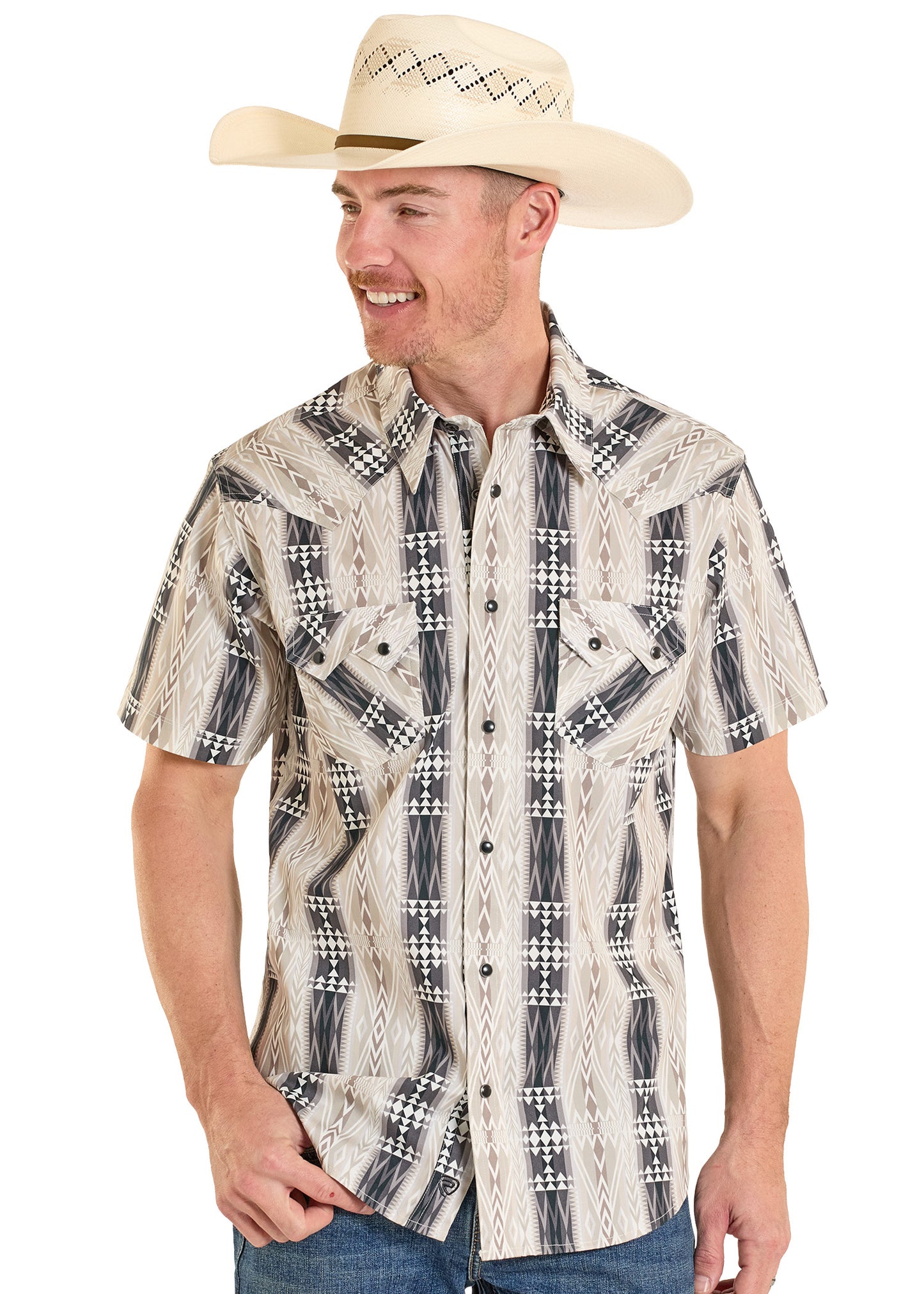 Man wearing a patterned short-sleeve shirt and cowboy hat on a white background