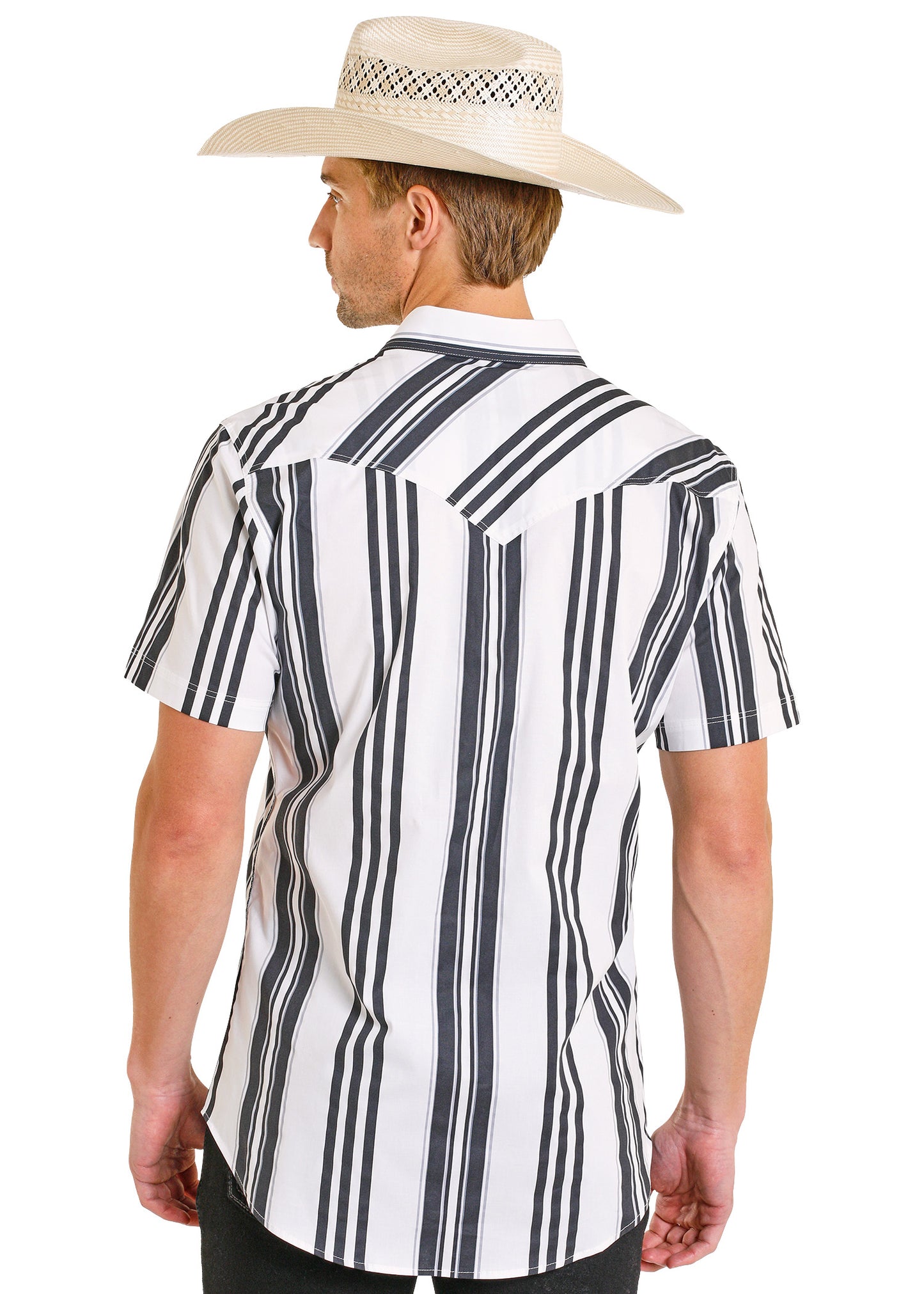 Man wearing a black and white striped shirt with a cowboy hat on a white background