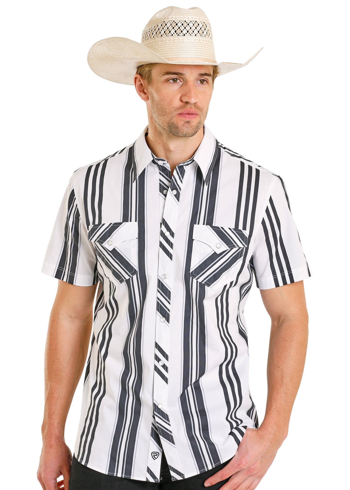 Man wearing a patterned shirt and cowboy hat on a white background