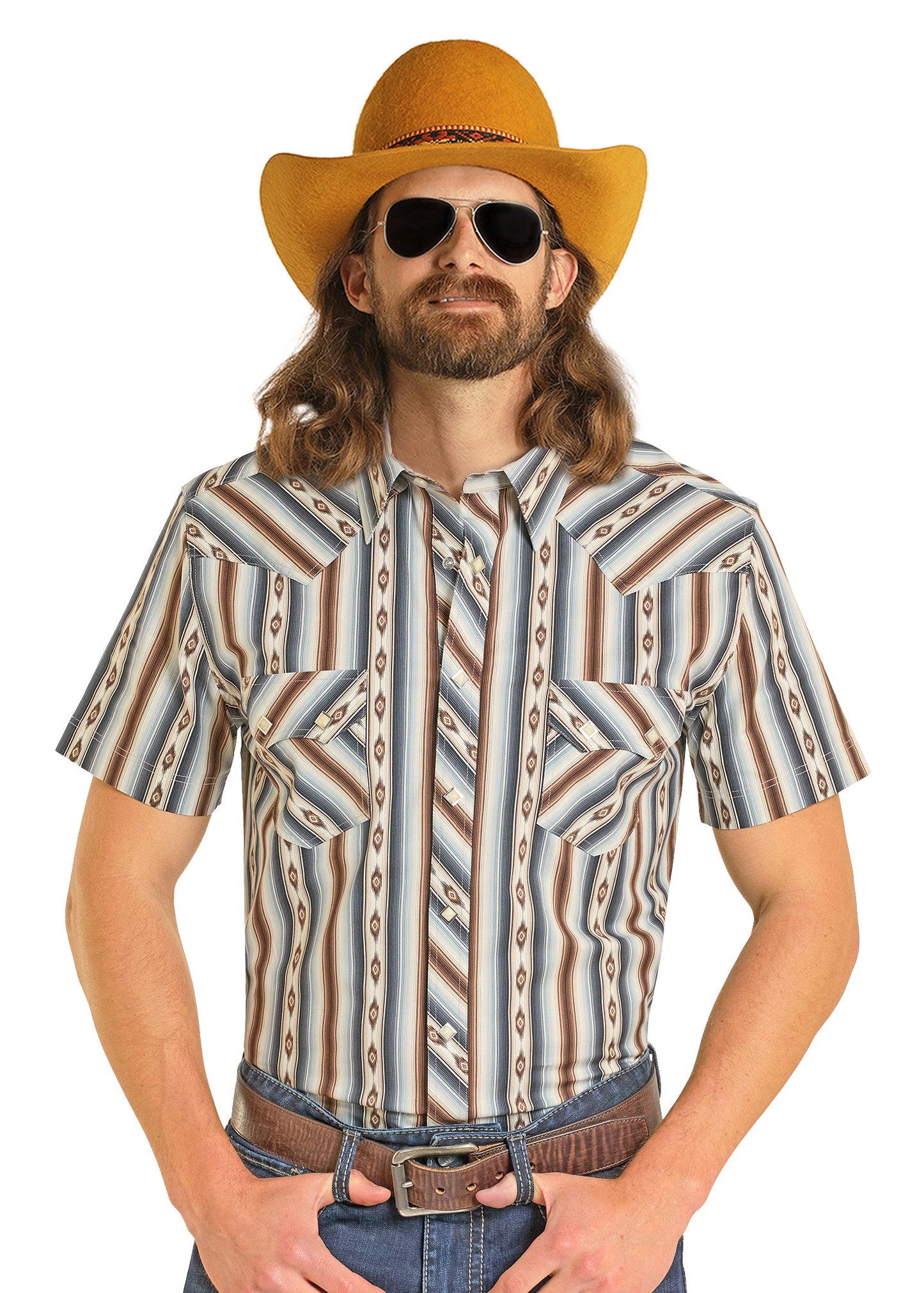 Man wearing a patterned shirt, yellow hat, and sunglasses on a white background