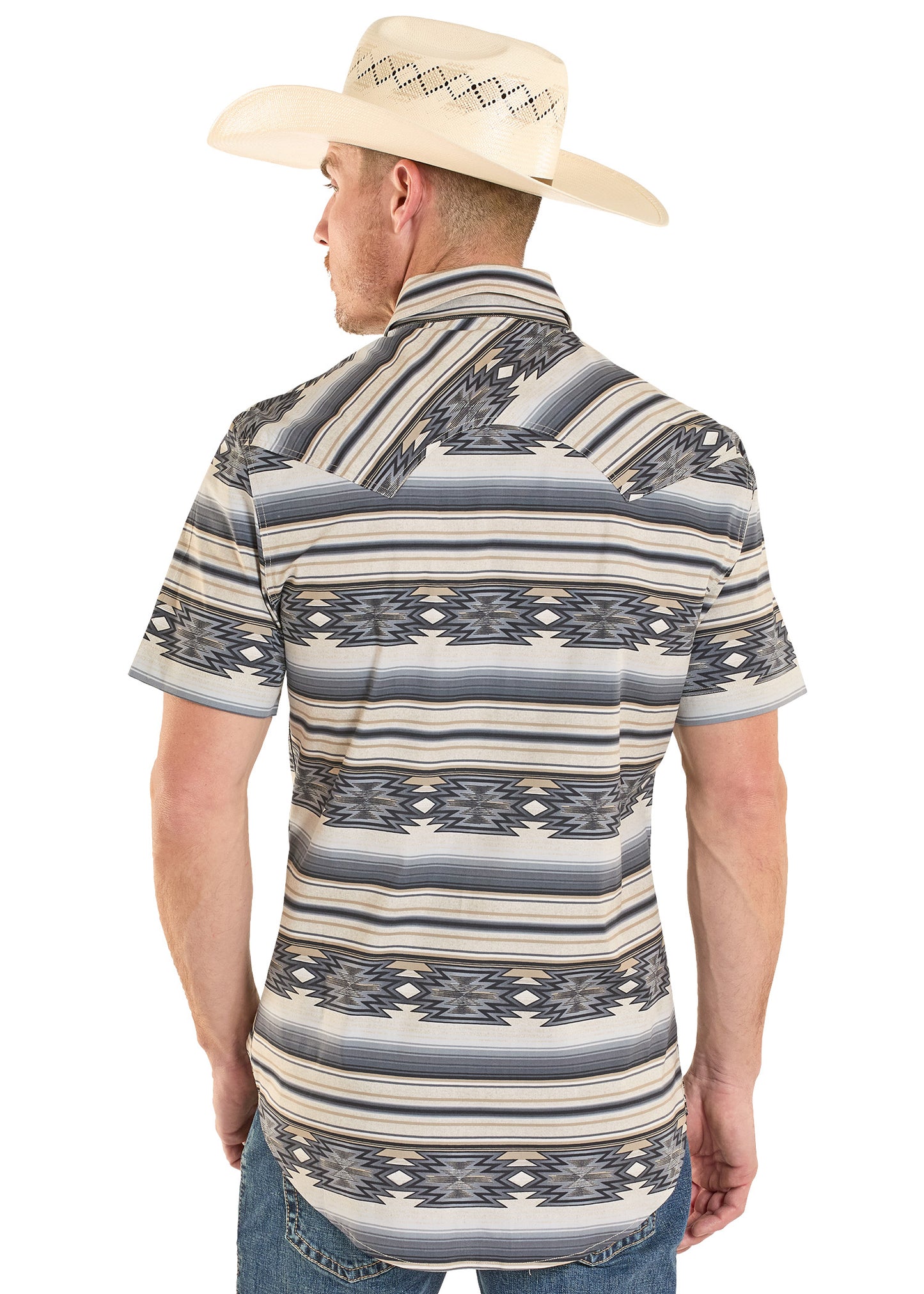 Man wearing a patterned shirt and cowboy hat on a white background