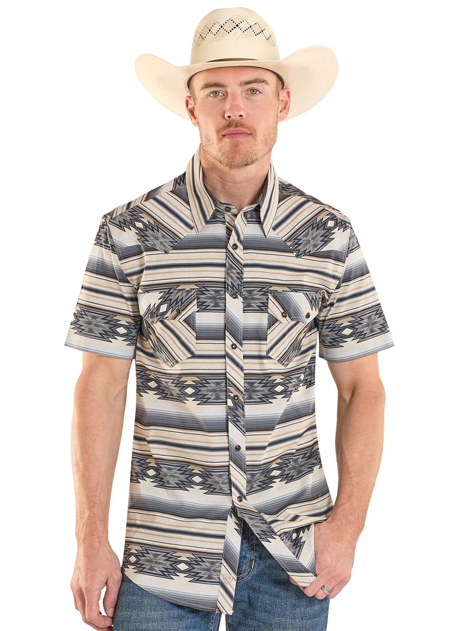 Man wearing a patterned short-sleeve shirt and cowboy hat on a white background