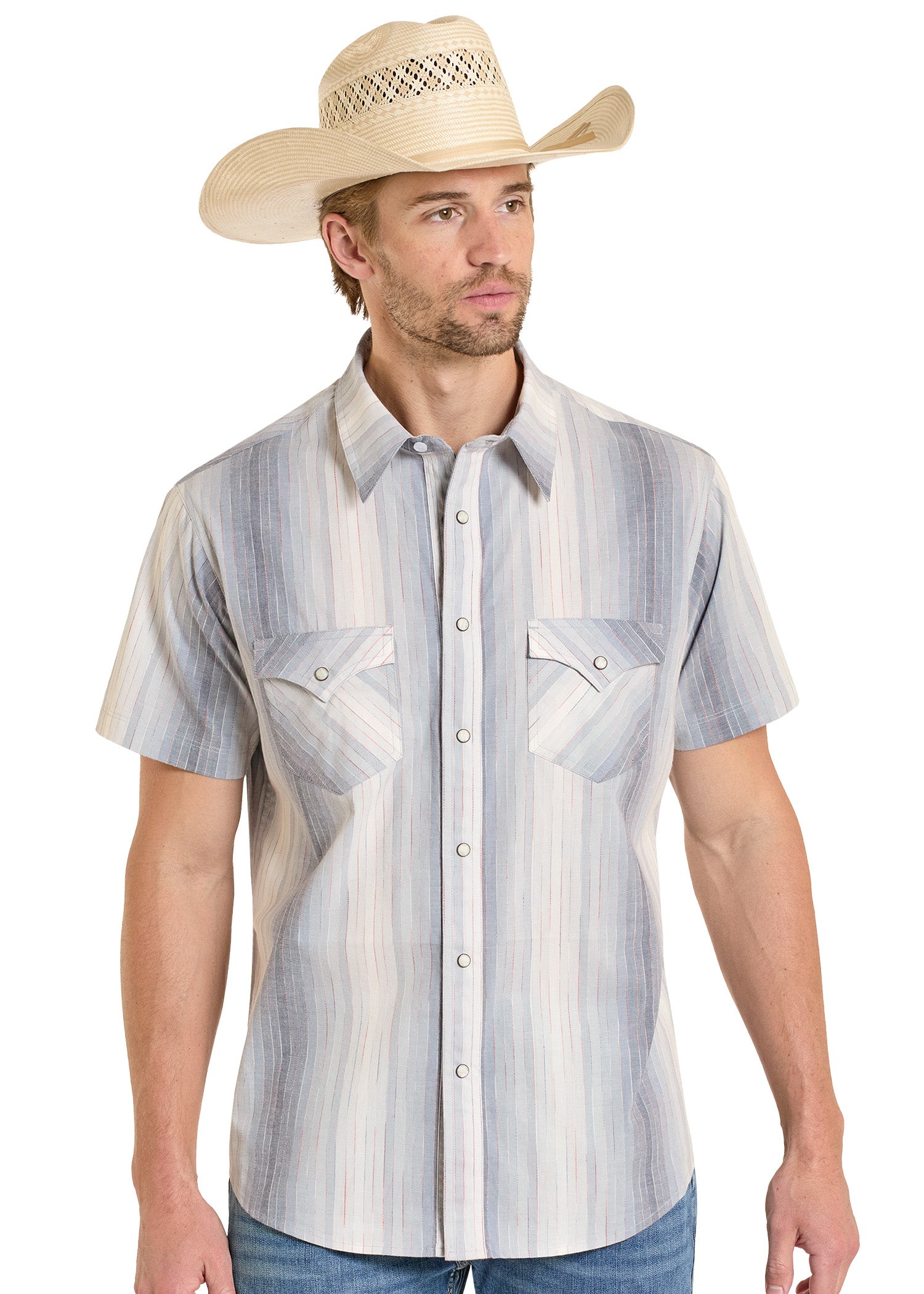 Men's Slim Fit Retro Blue Striped Short Sleeve Snap Shirt | Rock & Roll Denim Men's Slim Fit Retro Blue Striped Short Sleeve Snap Shirt | Rock & Roll Denim