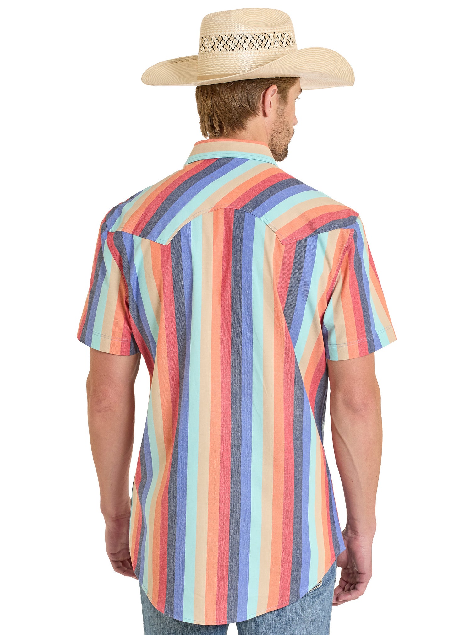 Man wearing a colorful striped shirt and straw hat on a white background