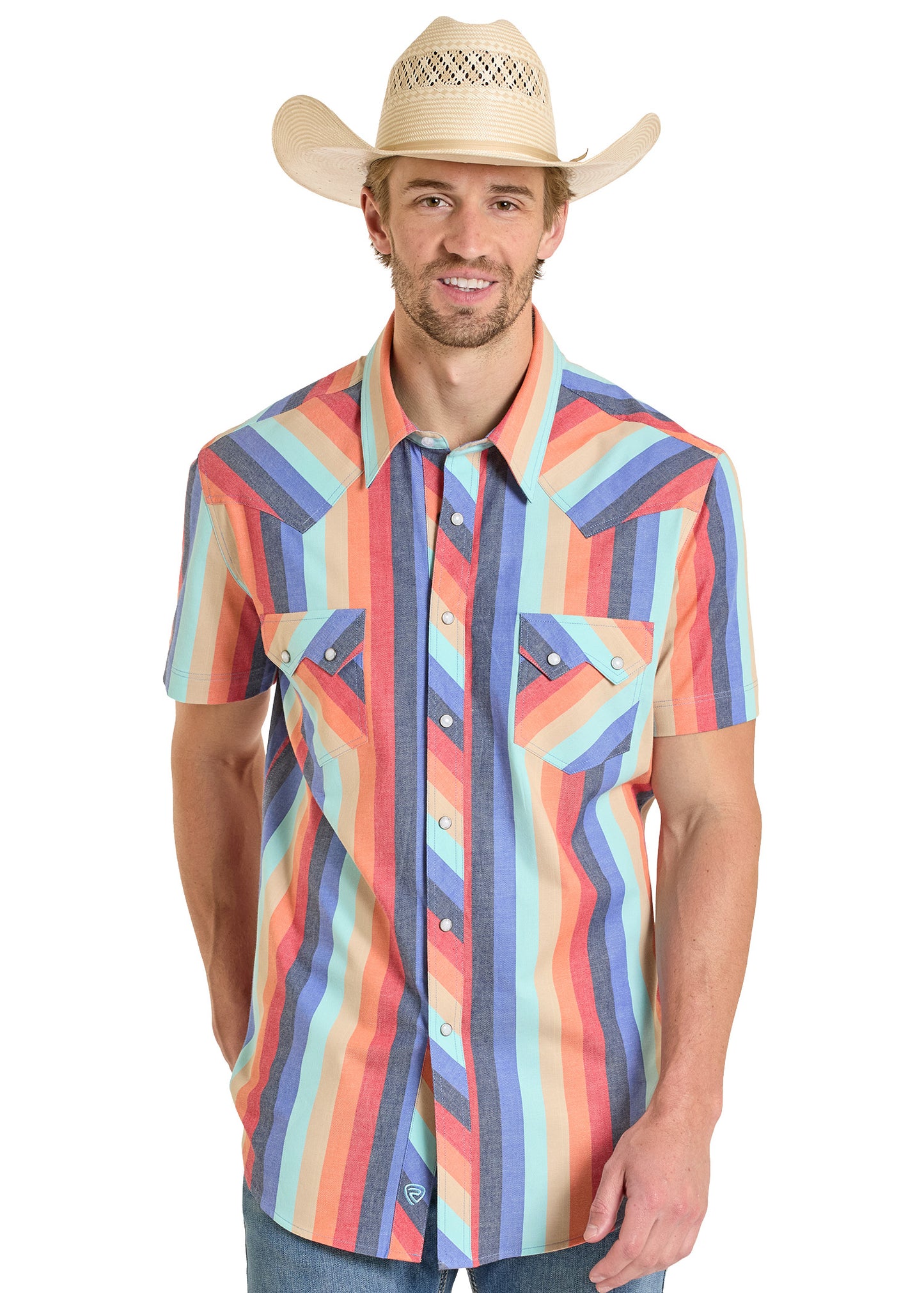 Man wearing a colorful patterned shirt and cowboy hat on a white background