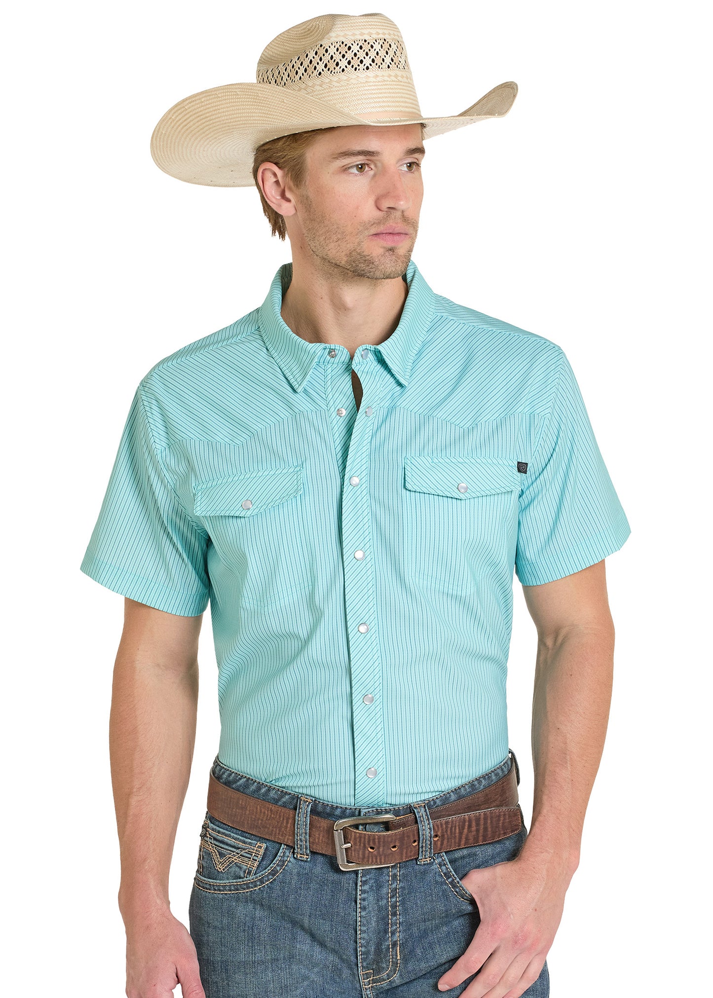 Man wearing a light blue short-sleeve shirt with a cowboy hat on a white background