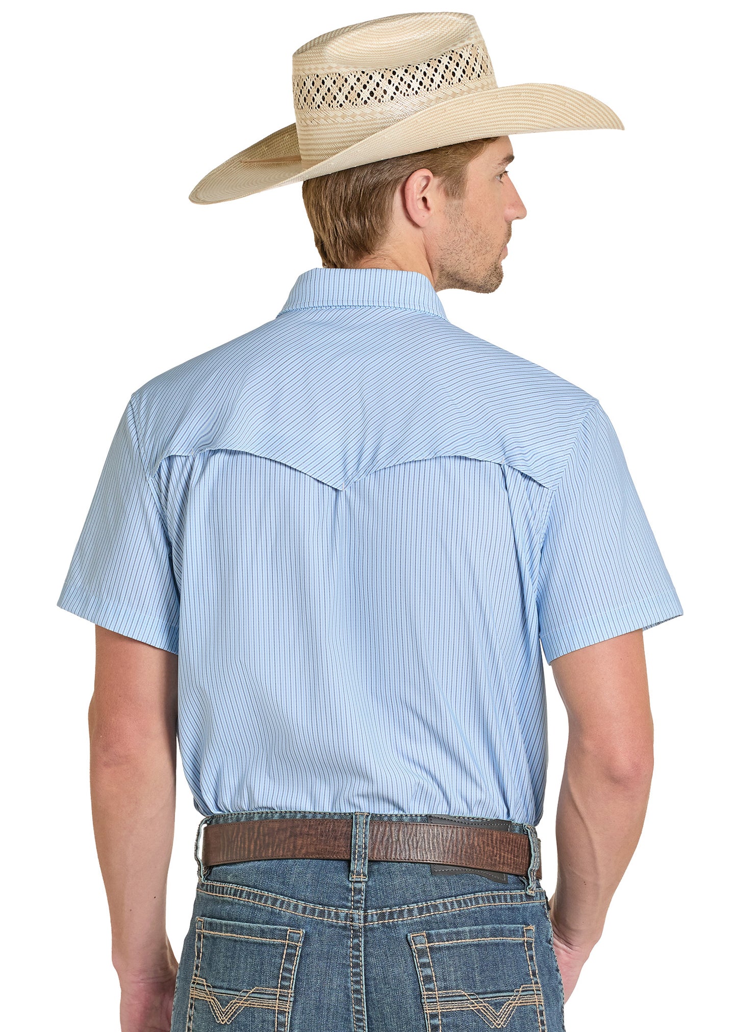 Man wearing a light blue short-sleeve shirt and straw cowboy hat on a white background