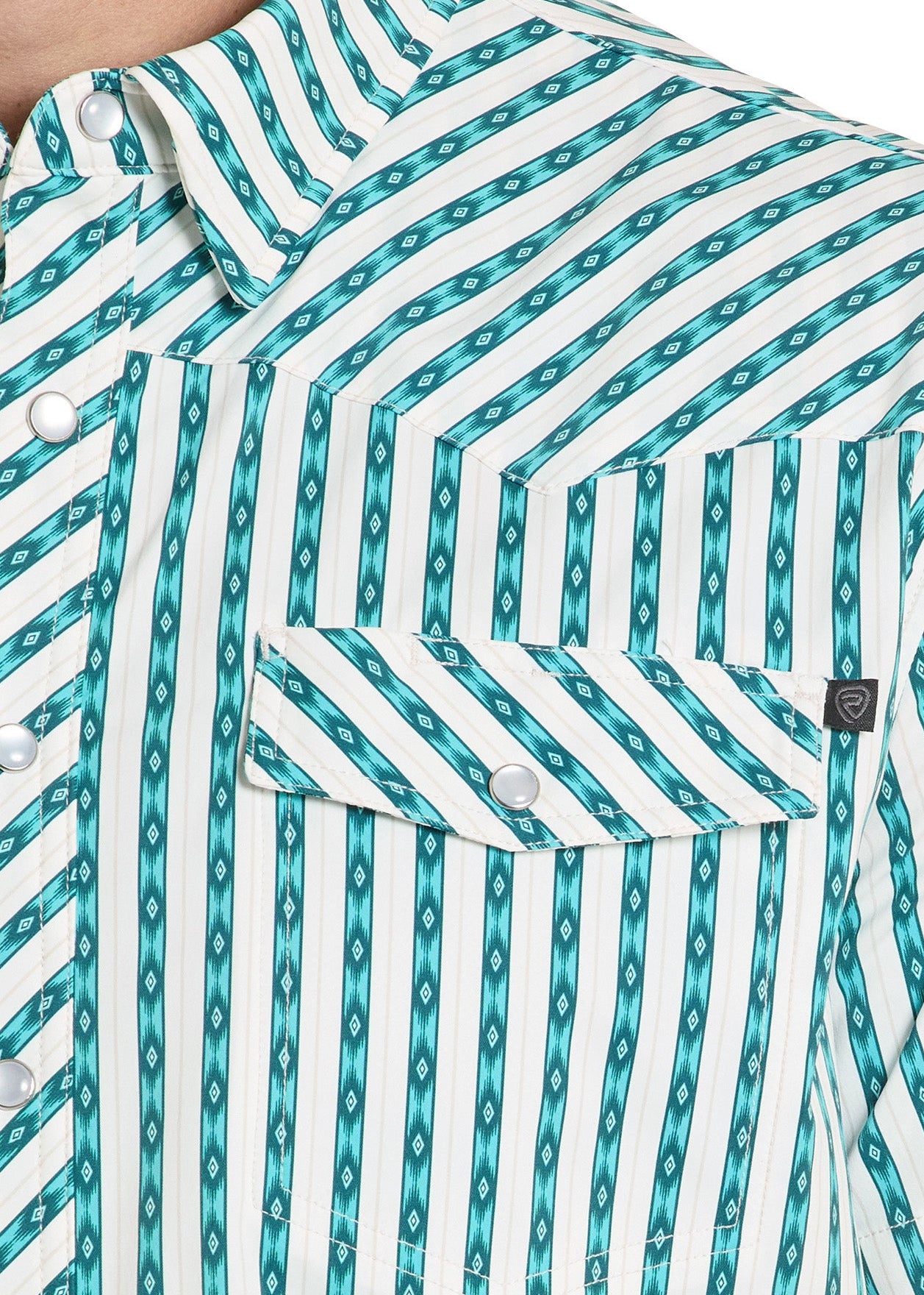 Close-up of a shirt with turquoise and white striped pattern