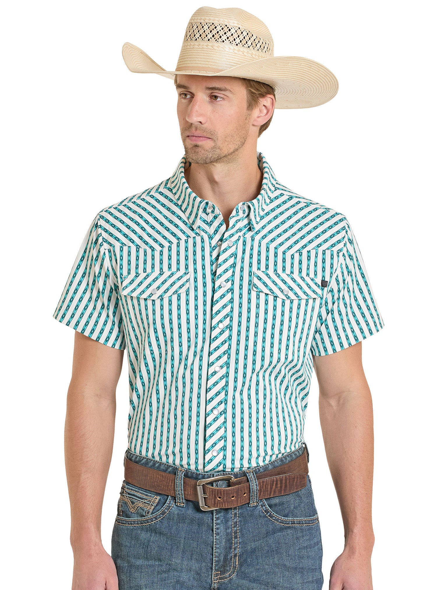 Man wearing a green and white striped shirt, blue jeans, and a straw cowboy hat on a white background