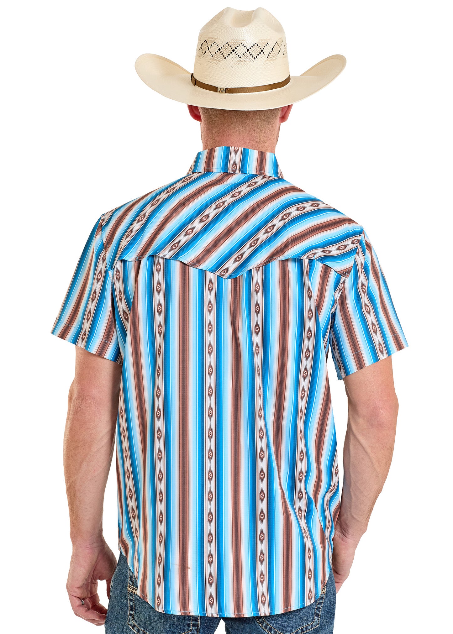 Man wearing a colorful striped shirt and cowboy hat on a white background