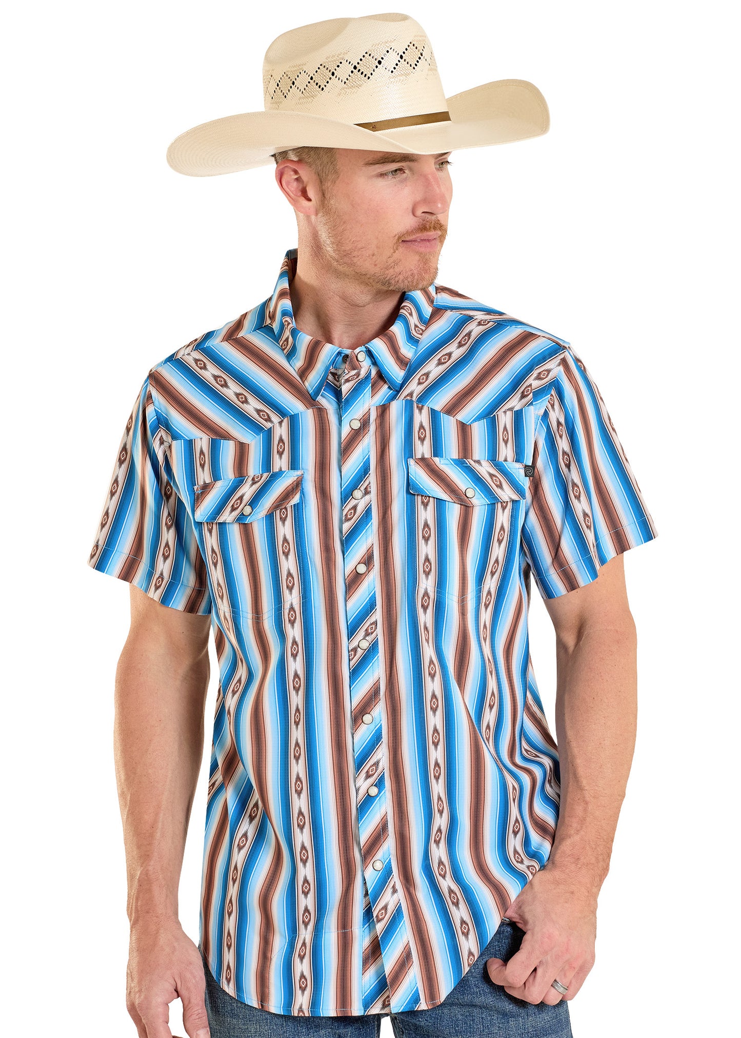 Man wearing a blue and brown patterned shirt with a cowboy hat on a white background