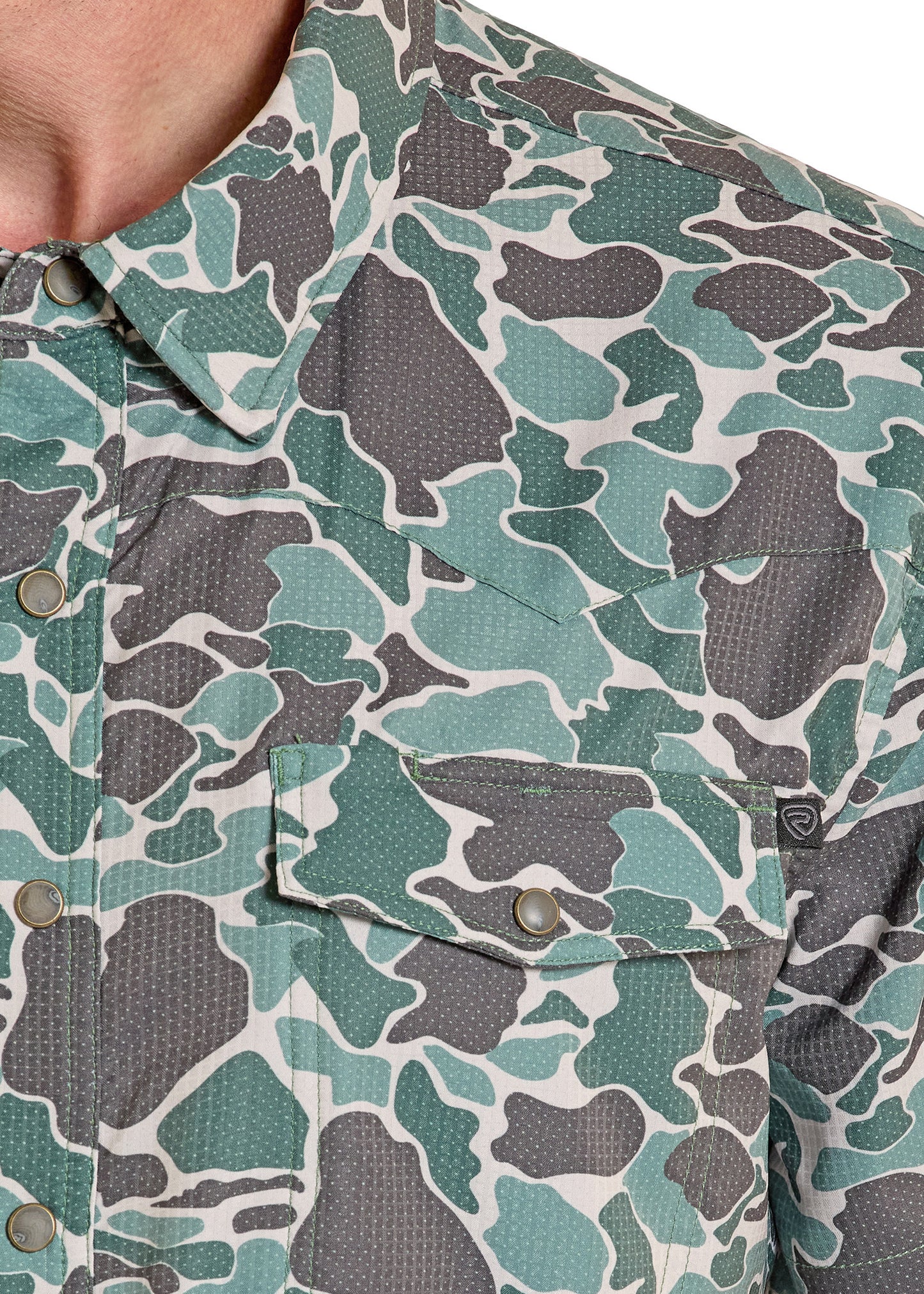 Close-up of a camouflage-patterned shirt with a focus on the fabric texture.