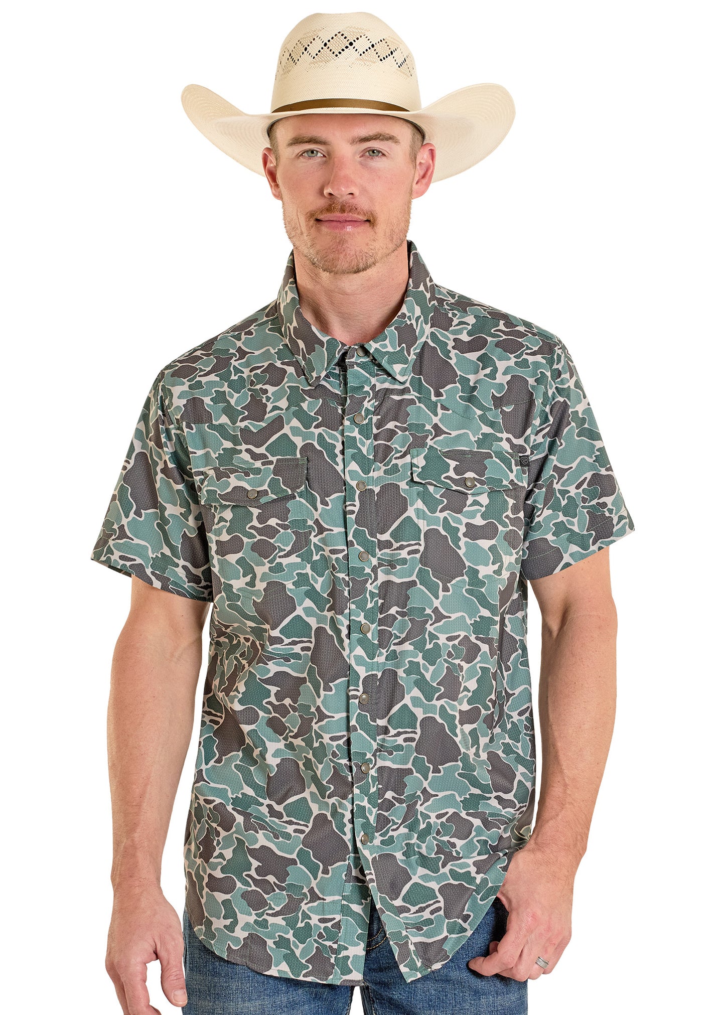 Man wearing a camouflage shirt and cowboy hat on a white background