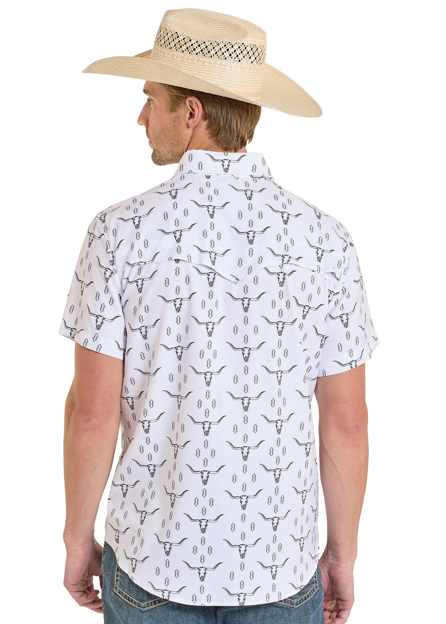 Man wearing a white short-sleeve shirt with bull head pattern and a beige cowboy hat on a white background