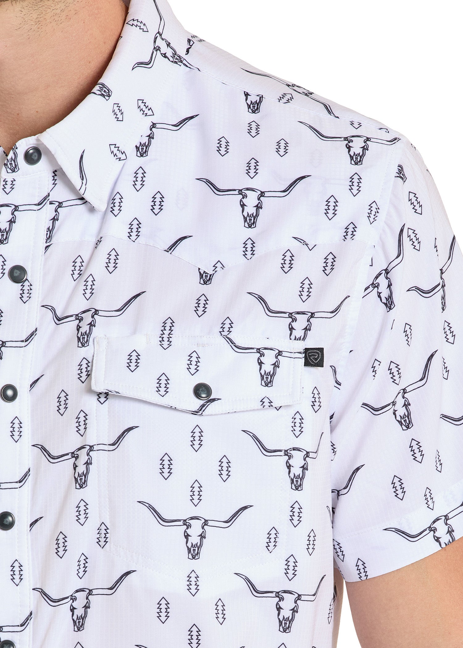 White shirt with black bull head pattern on a white background