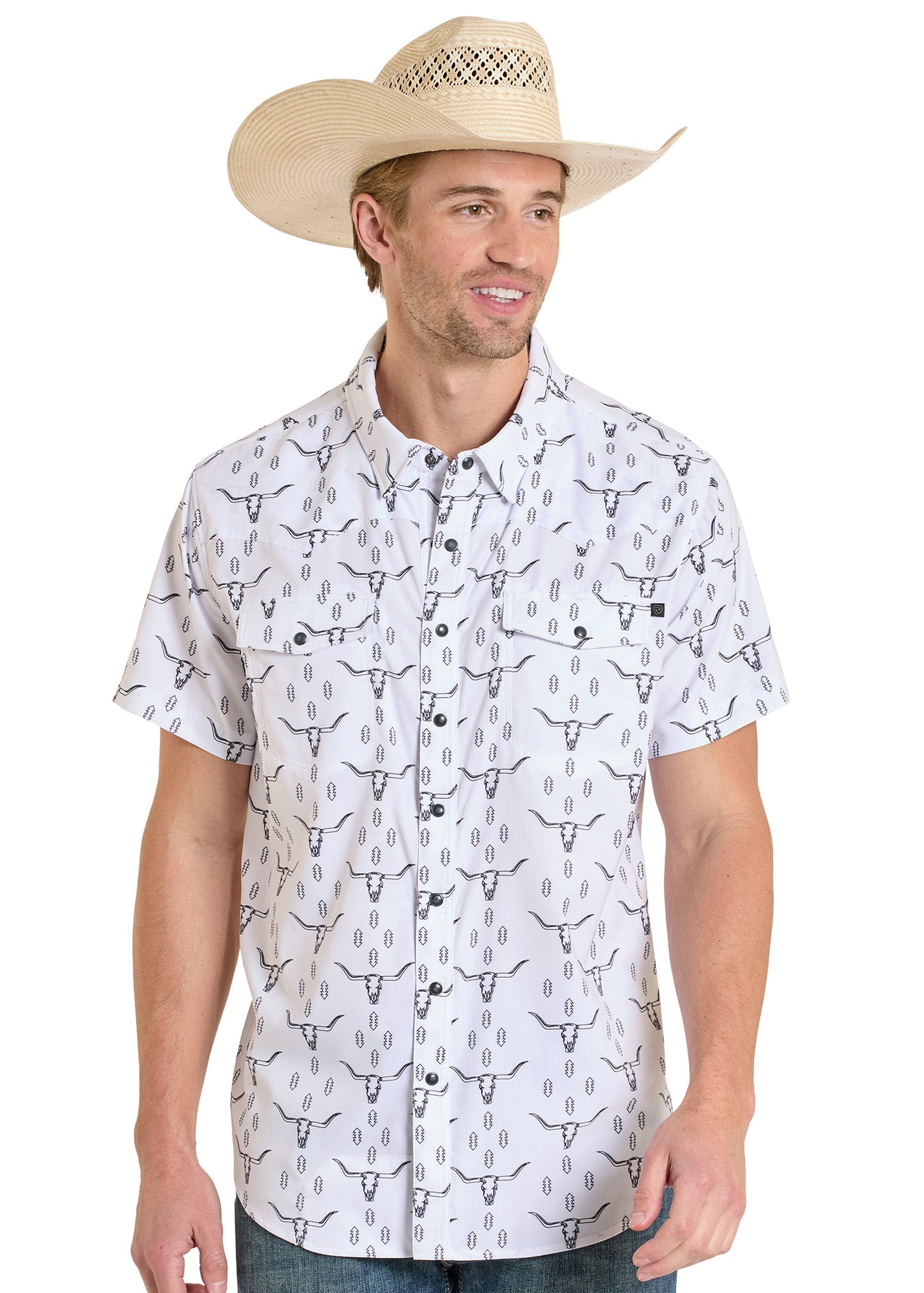 Man wearing a white short-sleeve shirt with black bull head pattern and a beige cowboy hat on a white background
