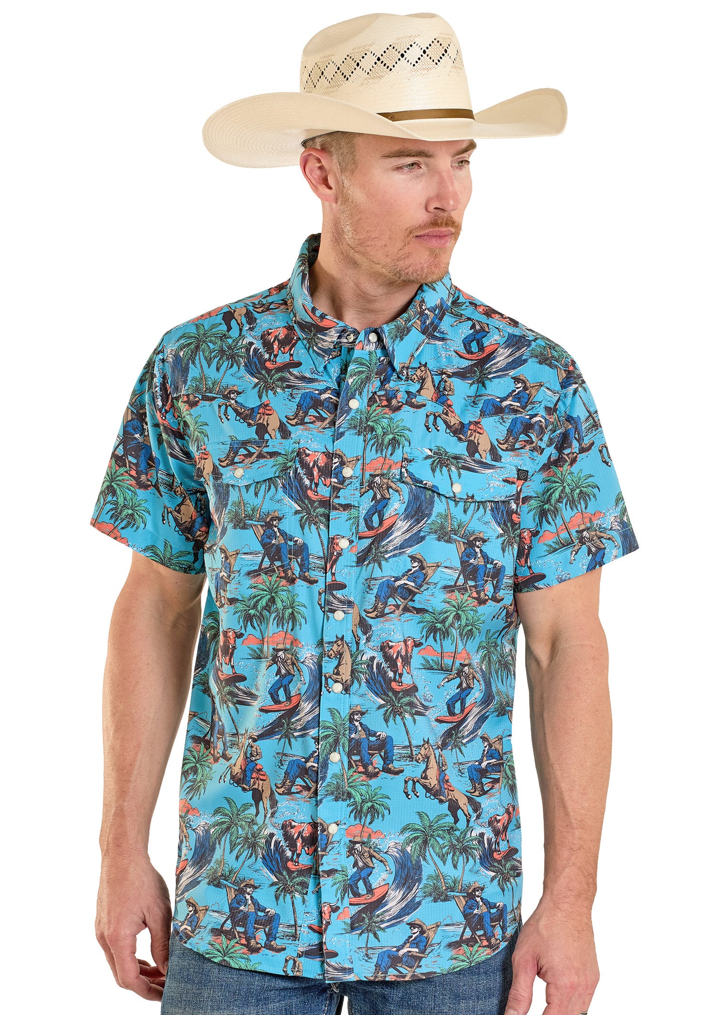 Man wearing a colorful patterned shirt and cowboy hat on a white background
