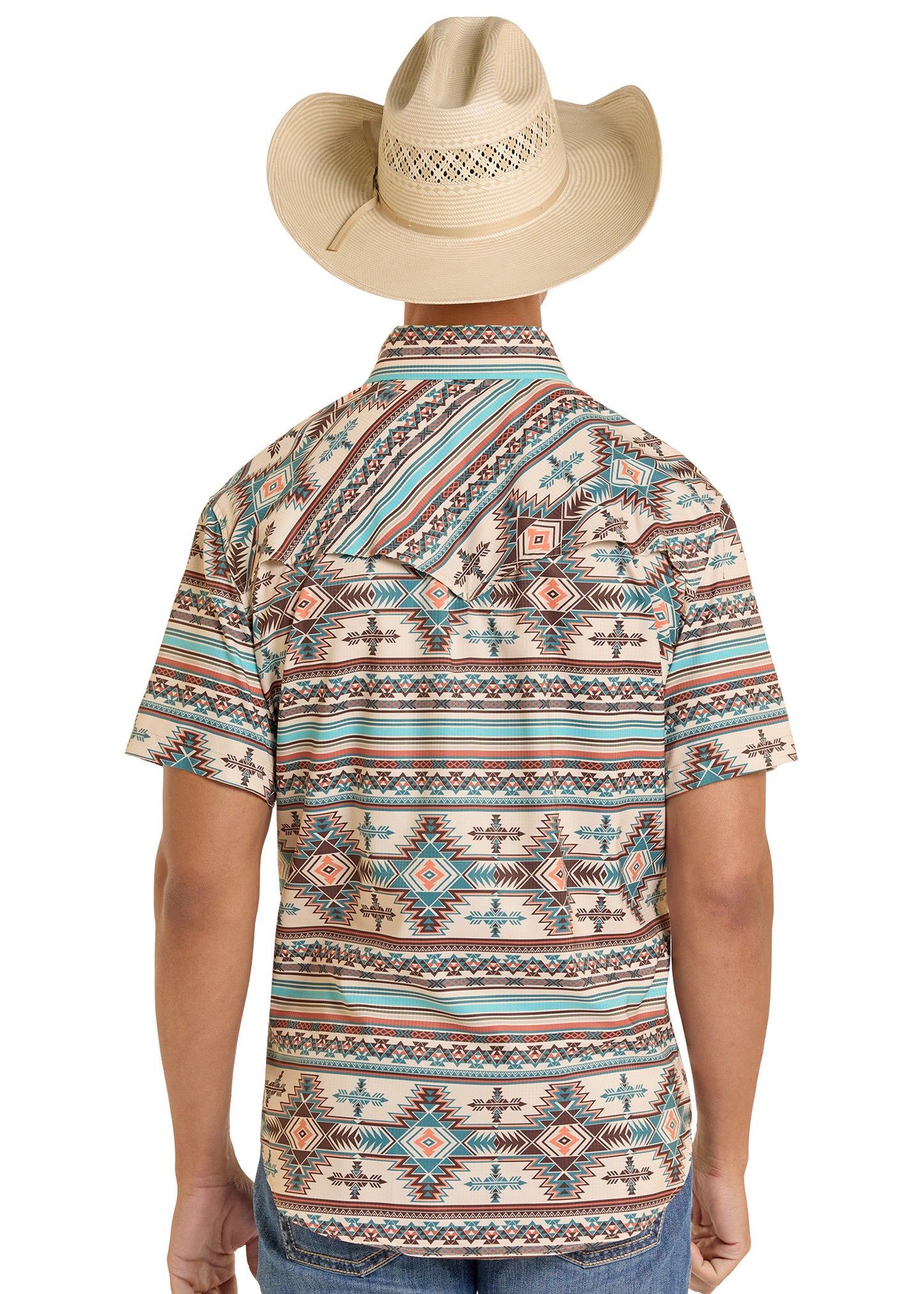 Person wearing a patterned short-sleeve shirt and cowboy hat on a white background