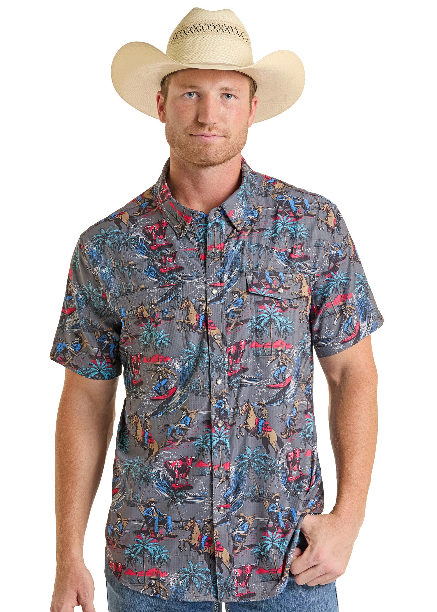 Rock & Roll Denim Tek Western Surfing Cowboy Short Sleeve Shirt in Charcoal | Mens
