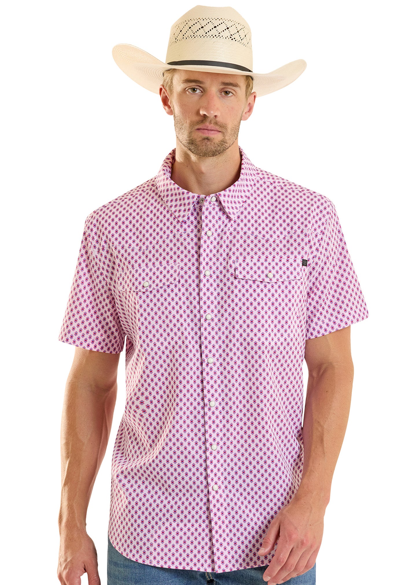 Man wearing a pink patterned shirt and cowboy hat on a white background