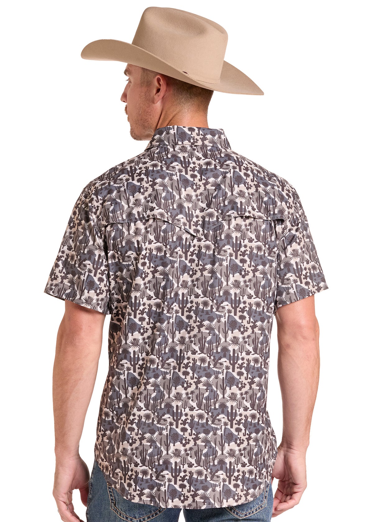 A man wearing a beige cowboy hat and a short-sleeve button-down shirt with a gray, white, and beige floral pattern, shown from the back against a white background.
