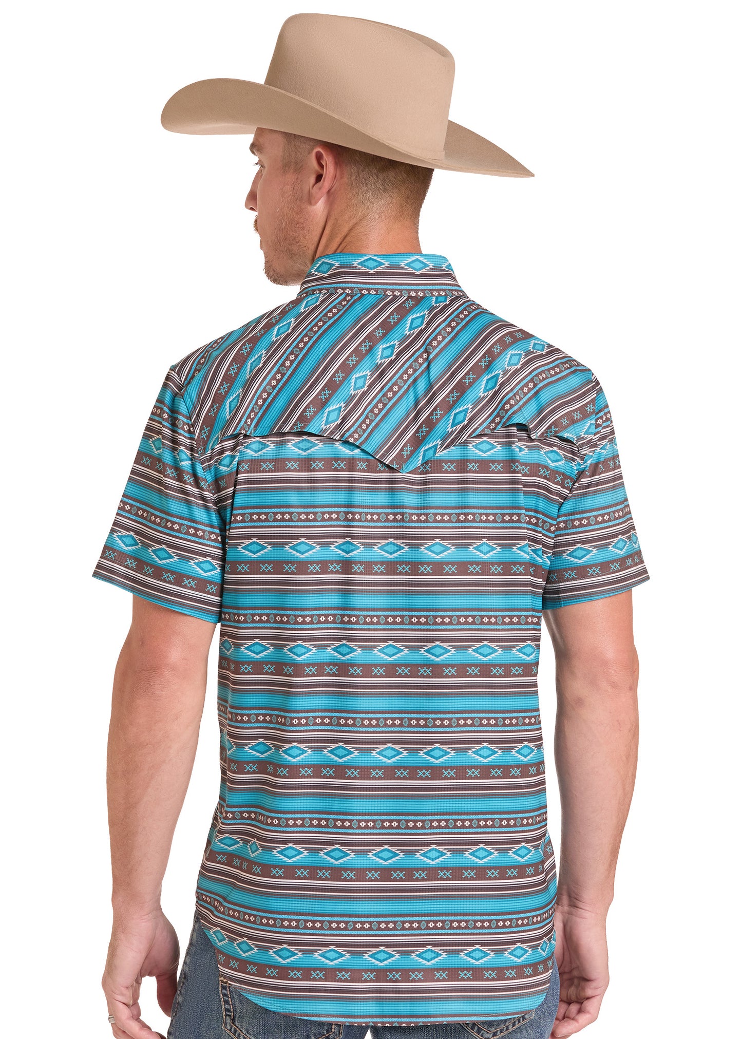 A man wearing a tan cowboy hat and a short-sleeve western shirt with a turquoise, brown, and gray geometric pattern, shown from the back against a white background.