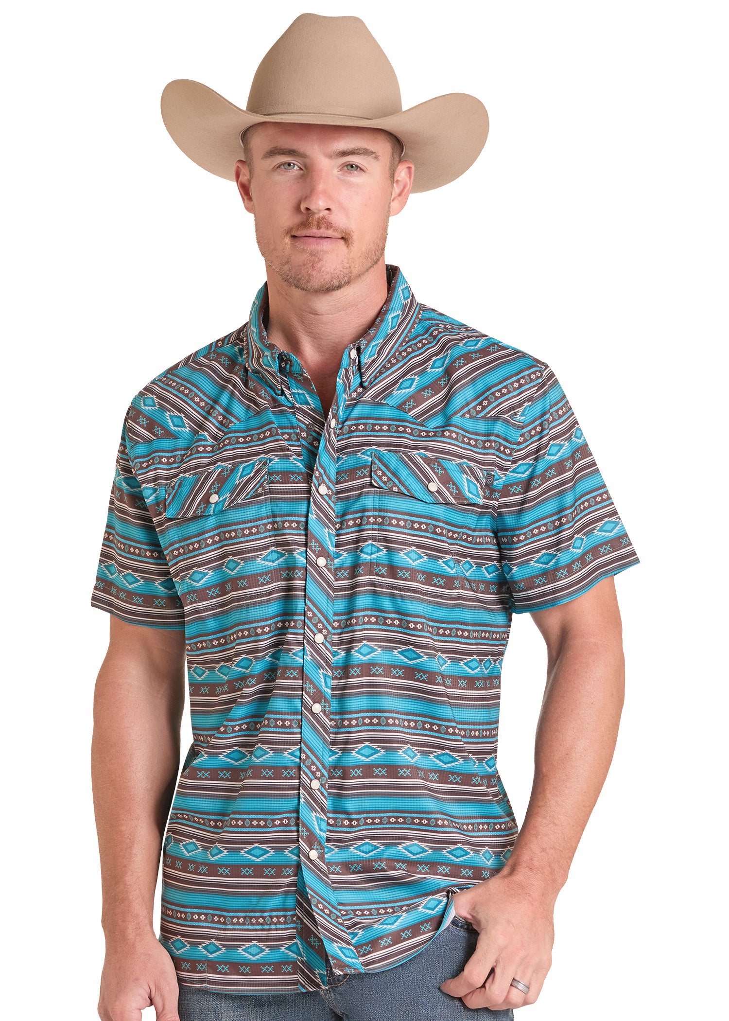 A man wearing a turquoise, brown, and beige patterned short-sleeve western button-up shirt and a tan cowboy hat, shown against a plain white background.