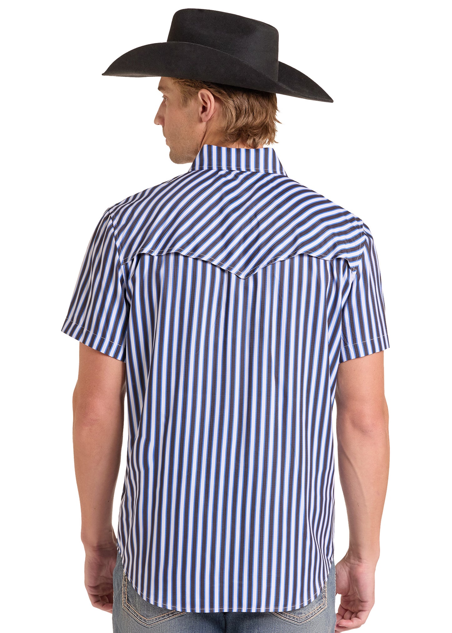 A man shown from the back wearing a short-sleeve western shirt with vertical navy and white stripes, paired with a black cowboy hat and light blue jeans, against a plain white background.