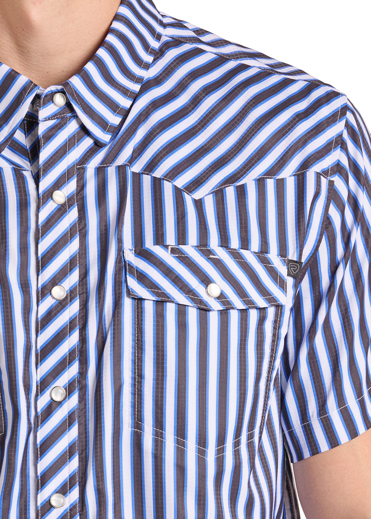 Close-up of a short-sleeve button-up shirt with vertical blue, white, and dark brown stripes, featuring a chest pocket and snap buttons.