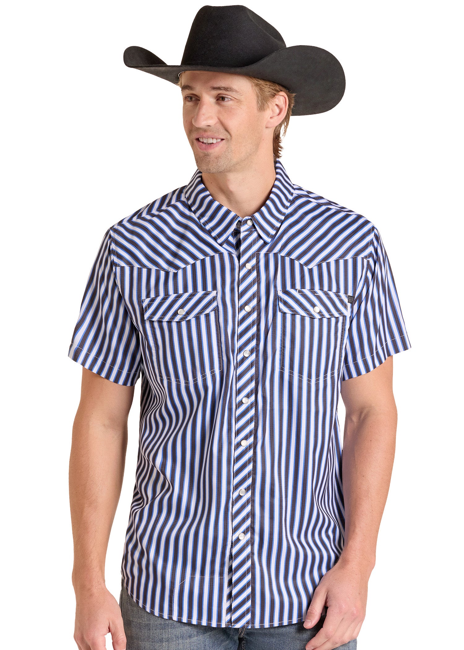 A man wearing a short-sleeve western shirt with vertical navy and white stripes, paired with a black cowboy hat and jeans, against a plain white background.