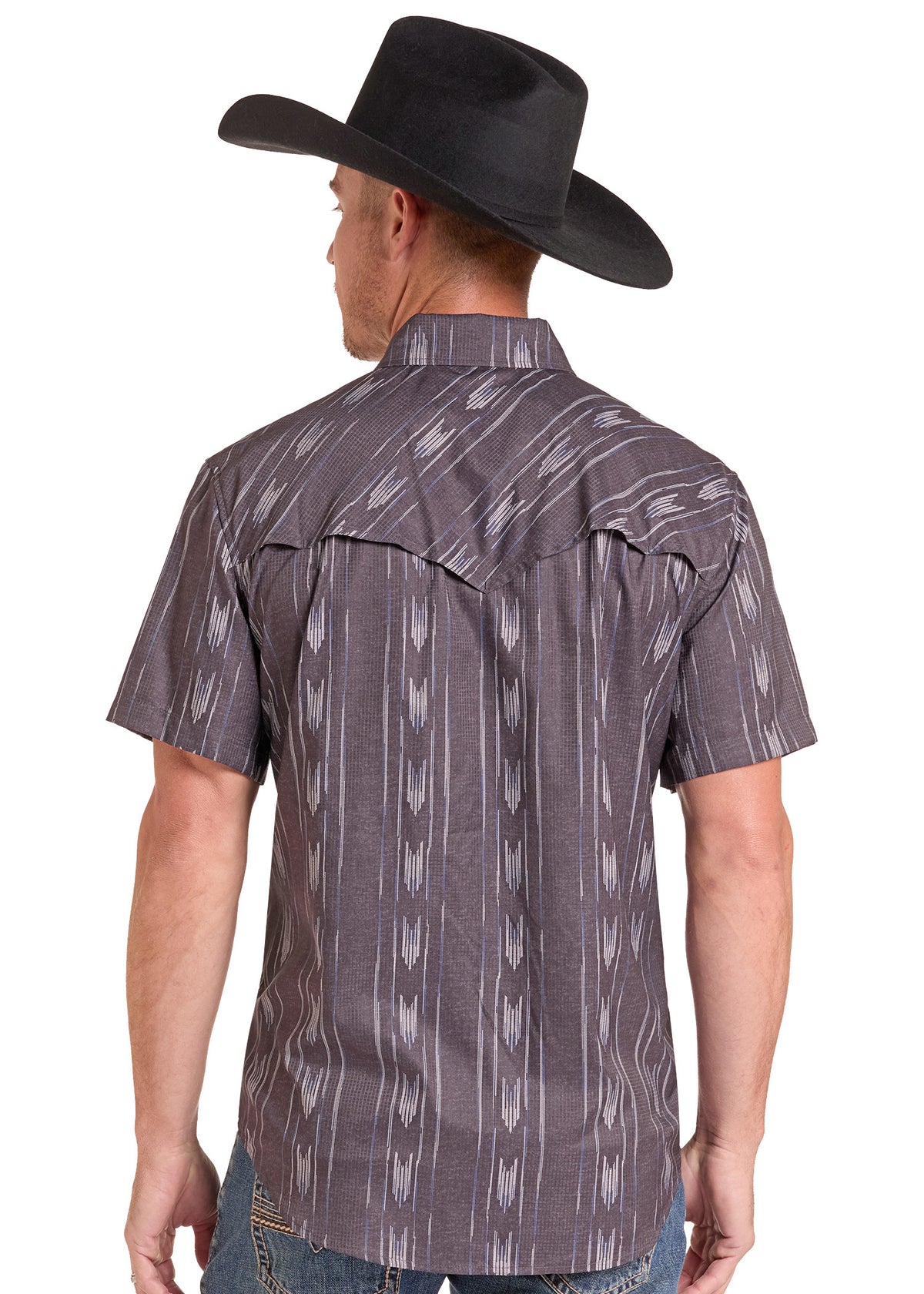 A man wearing a short-sleeve western shirt and a black cowboy hat, shown from the back against a plain white background.