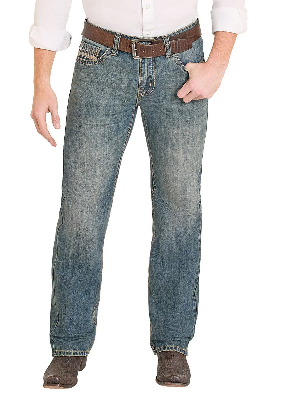 Man wearing a white shirt, blue jeans, and a beige cowboy hat on a white background