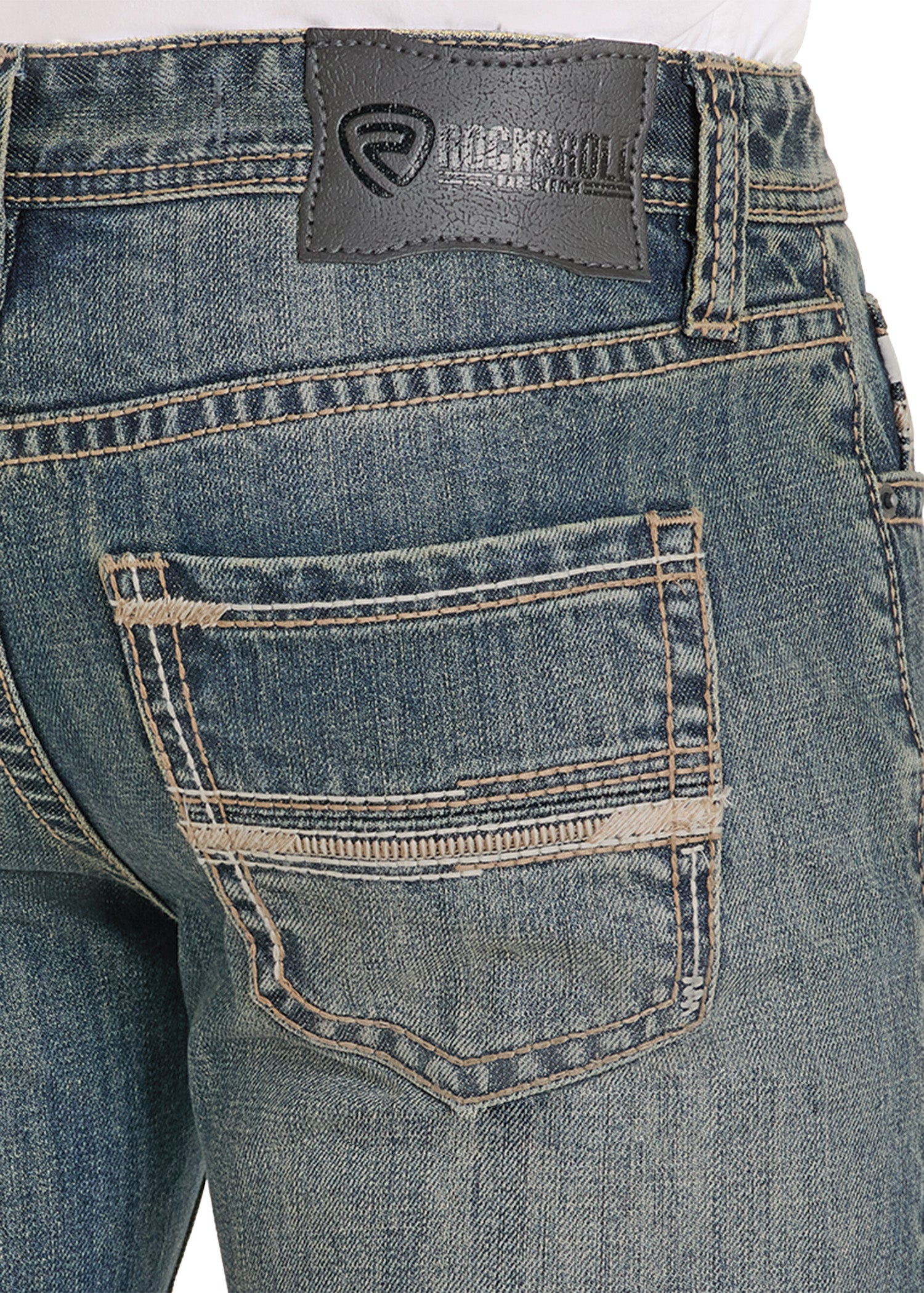 Close-up of blue jeans with a brand logo on the pocket area.