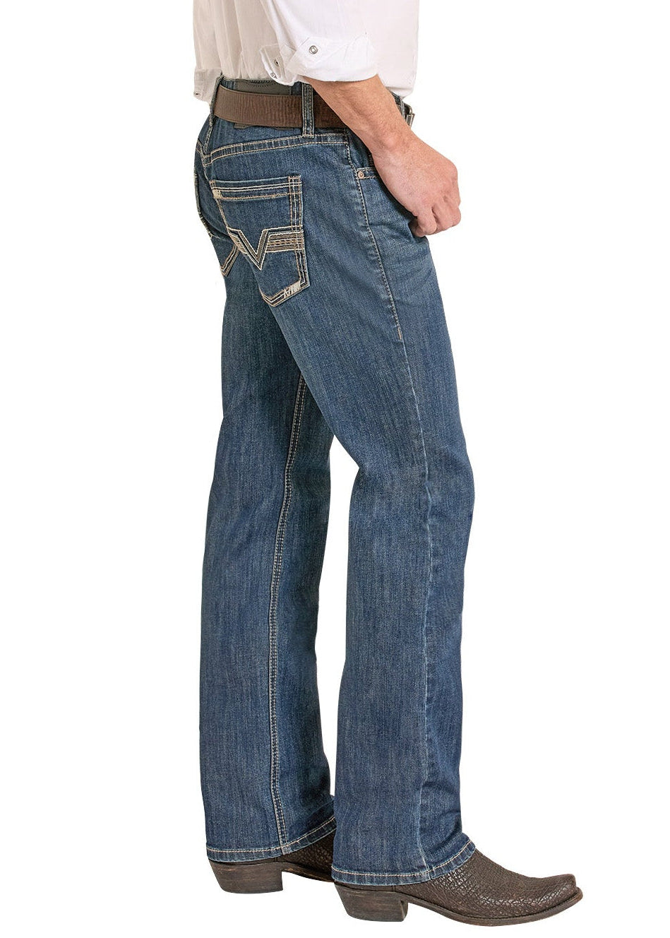 Man wearing a white shirt, blue jeans, and a cowboy hat on a white background