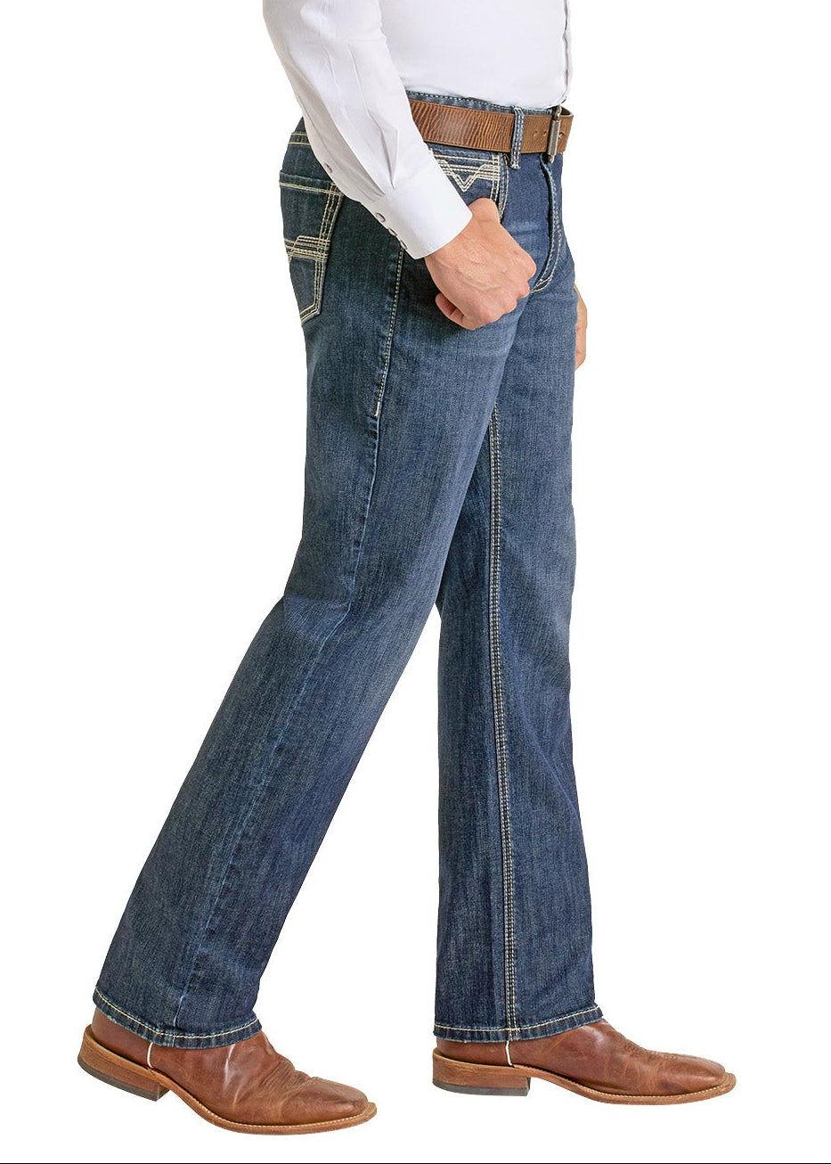 Man wearing a white shirt, blue jeans, and a cowboy hat on a white background