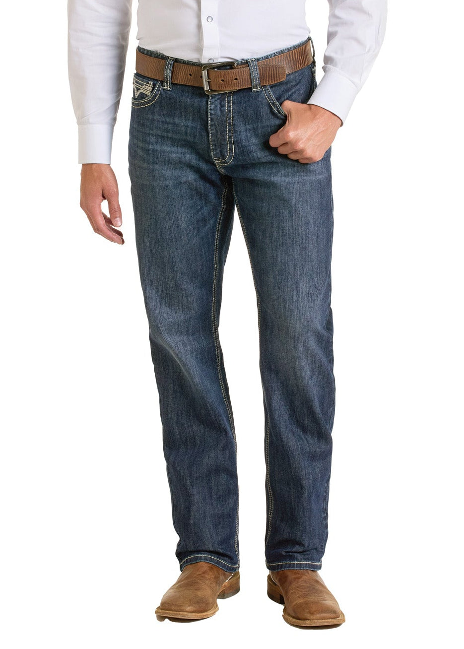 Man wearing a white shirt, blue jeans, and a cowboy hat on a white background
