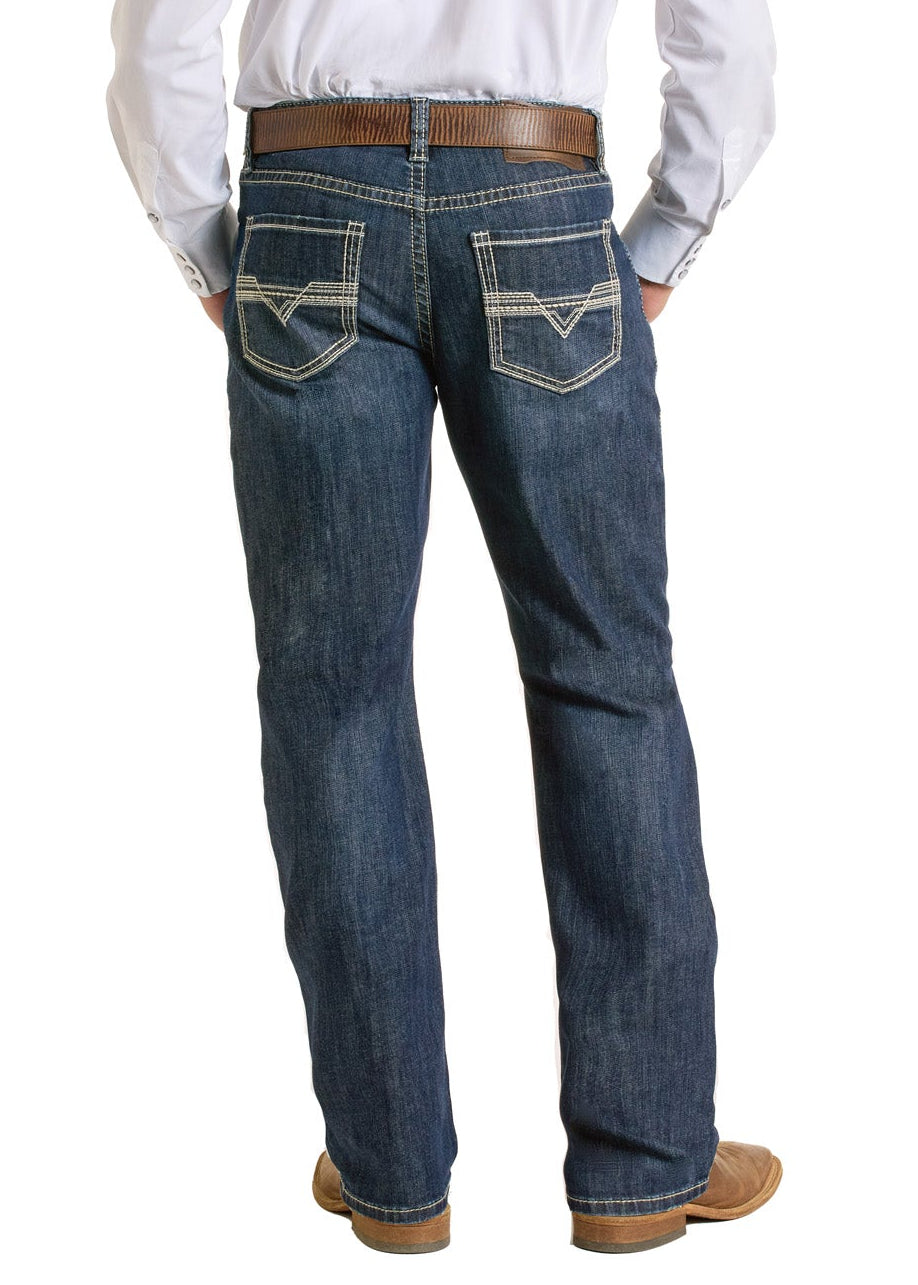Man wearing a white shirt, blue jeans, and a cowboy hat on a white background