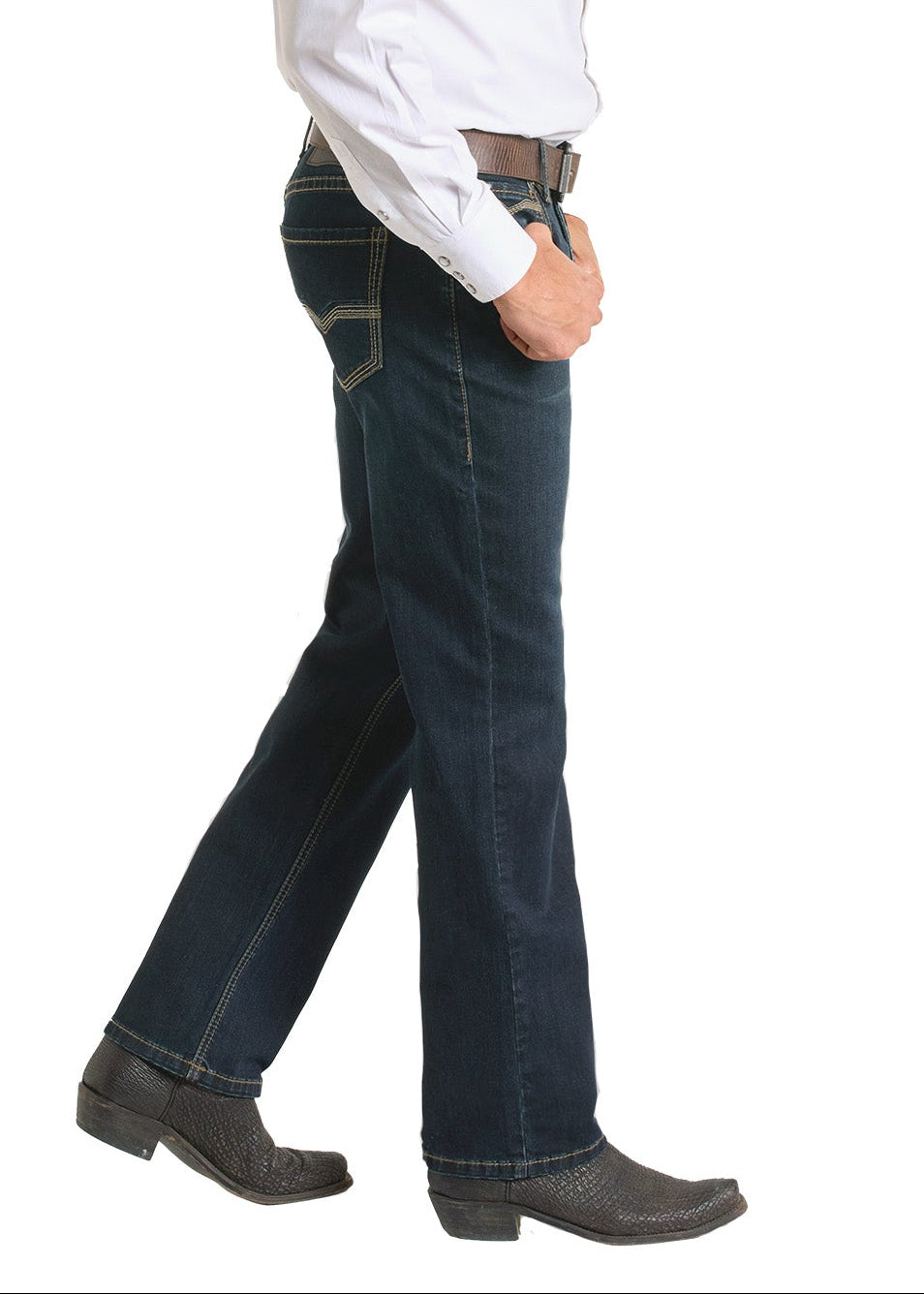 Man wearing a white shirt, dark jeans, and a cowboy hat on a white background