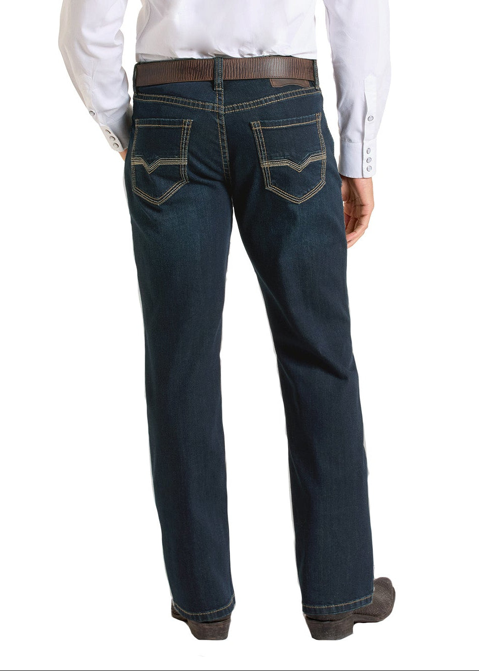 Man wearing a white shirt, blue jeans, and a straw hat on a white background