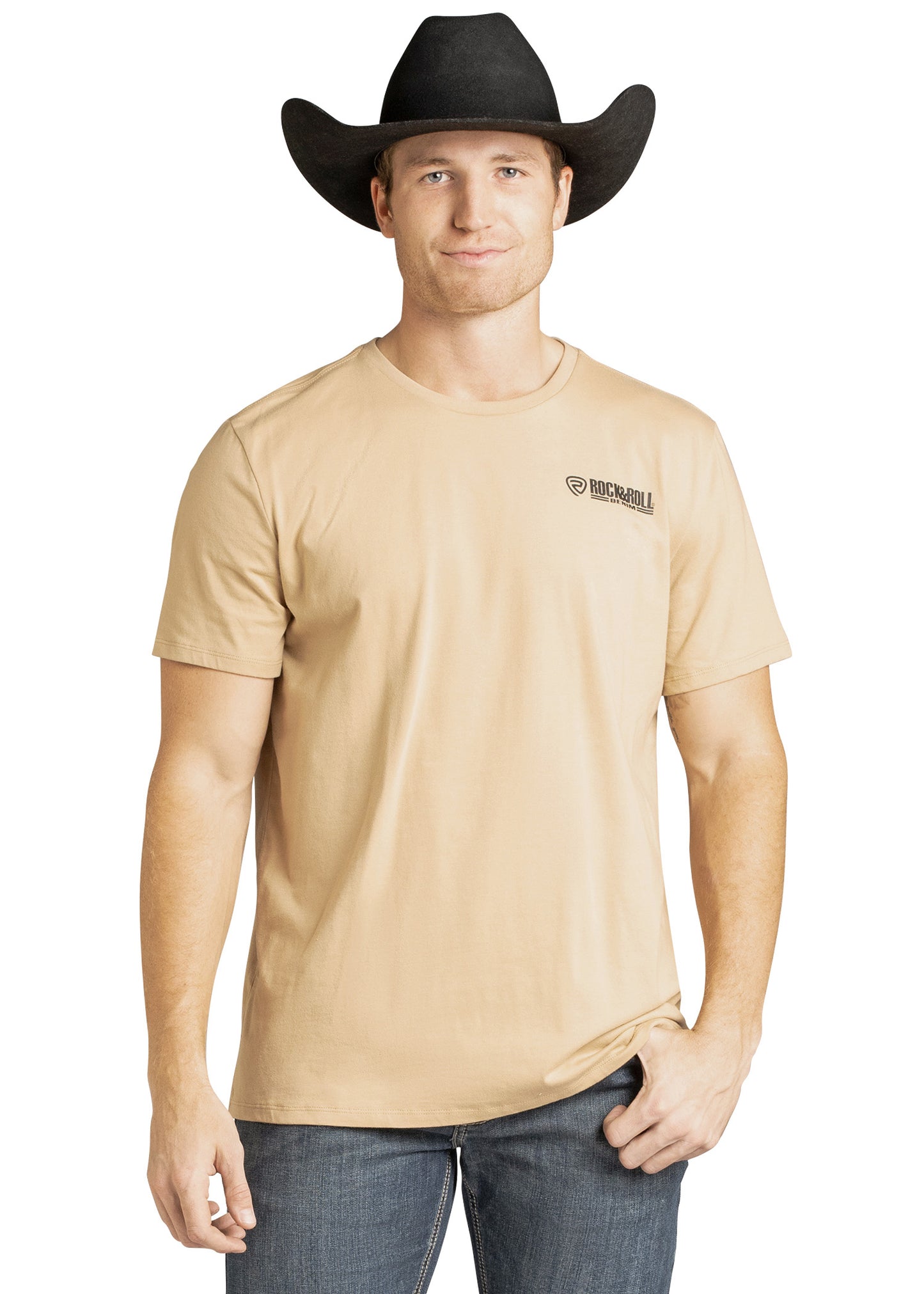 Man wearing a tan t-shirt with a logo and a black cowboy hat on a white background
