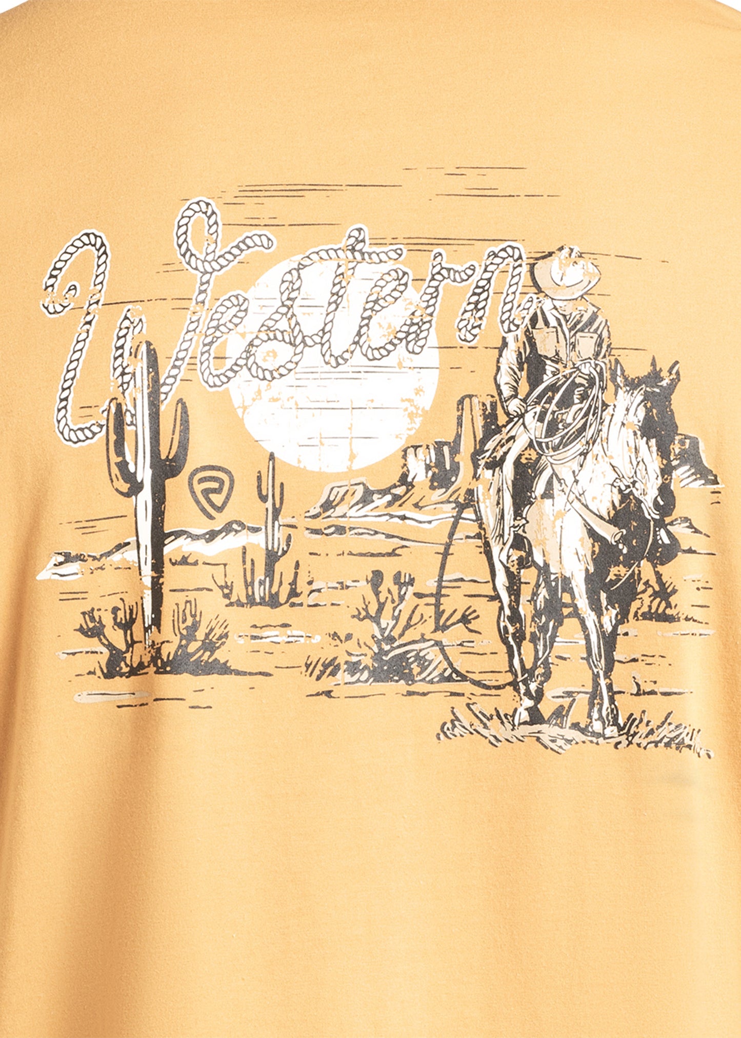 Yellow t-shirt with a cowboy graphic and 'Western' text on a desert scene.