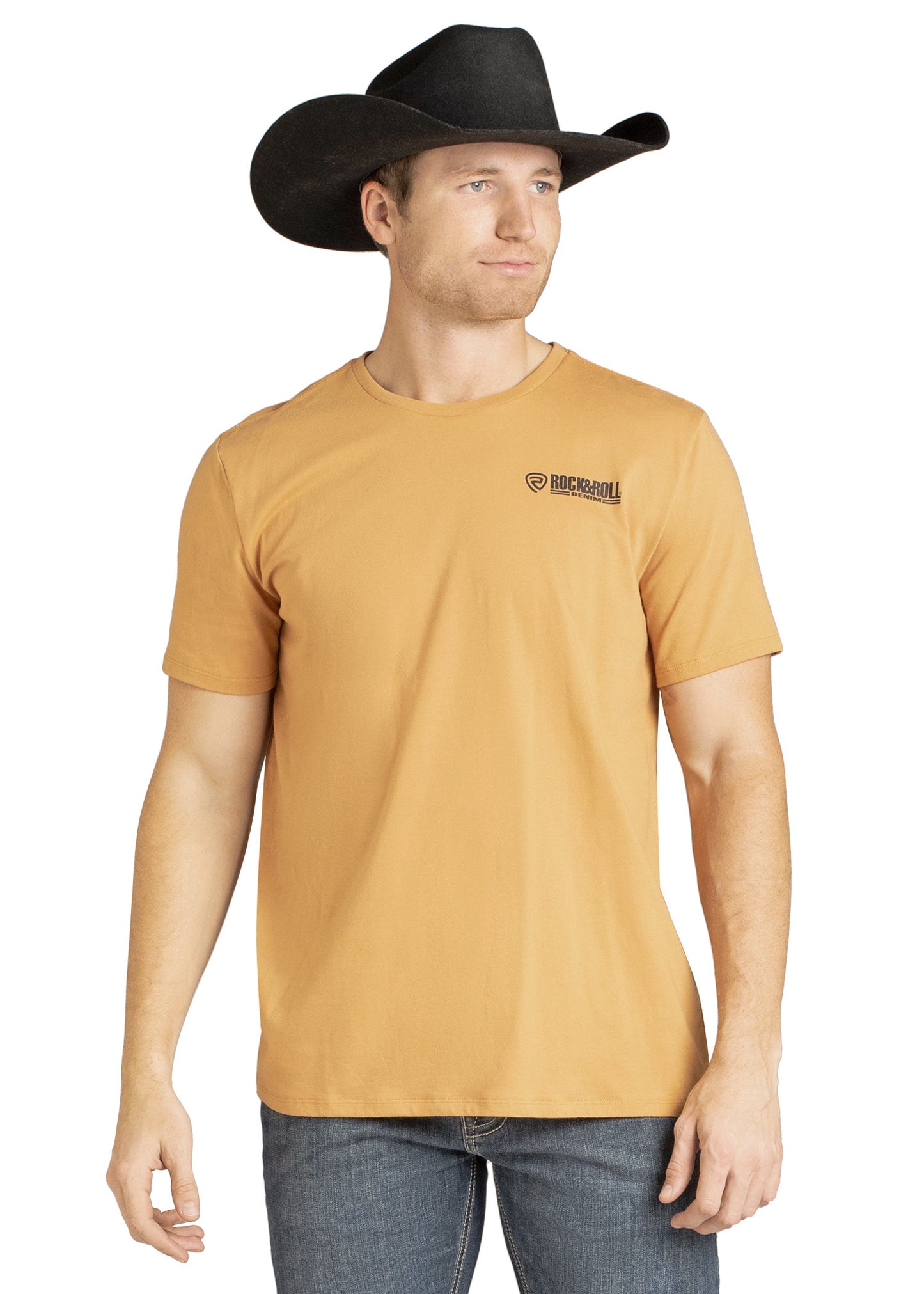 Man wearing a tan t-shirt with a logo and a black cowboy hat on a white background