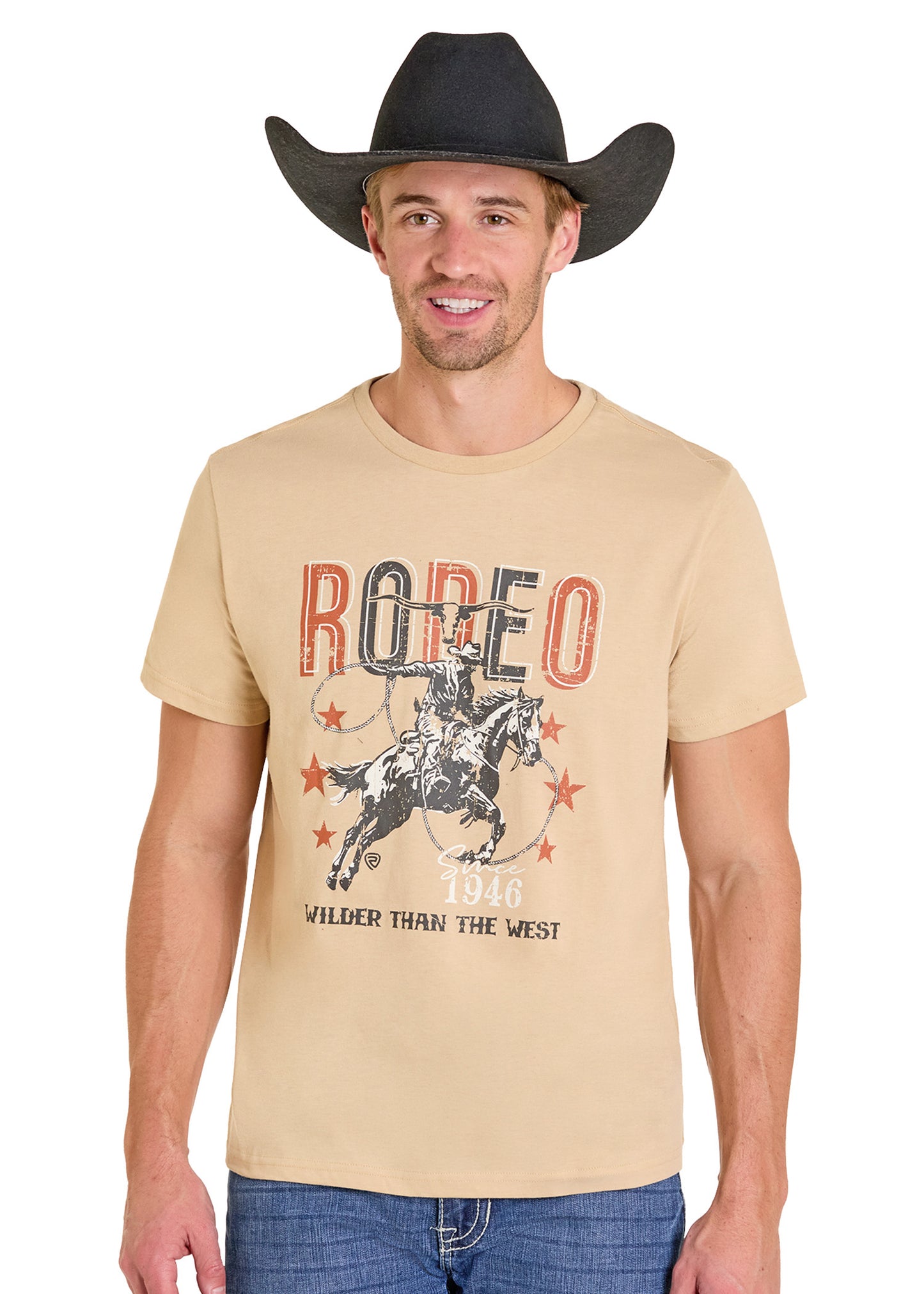 Man wearing a cowboy hat and graphic tee shirt with a rodeo rider.