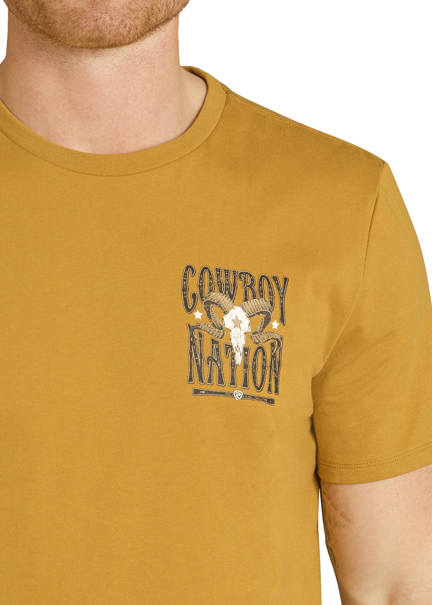 Mustard yellow t-shirt with 'Cowboy Nation' graphic on a white background