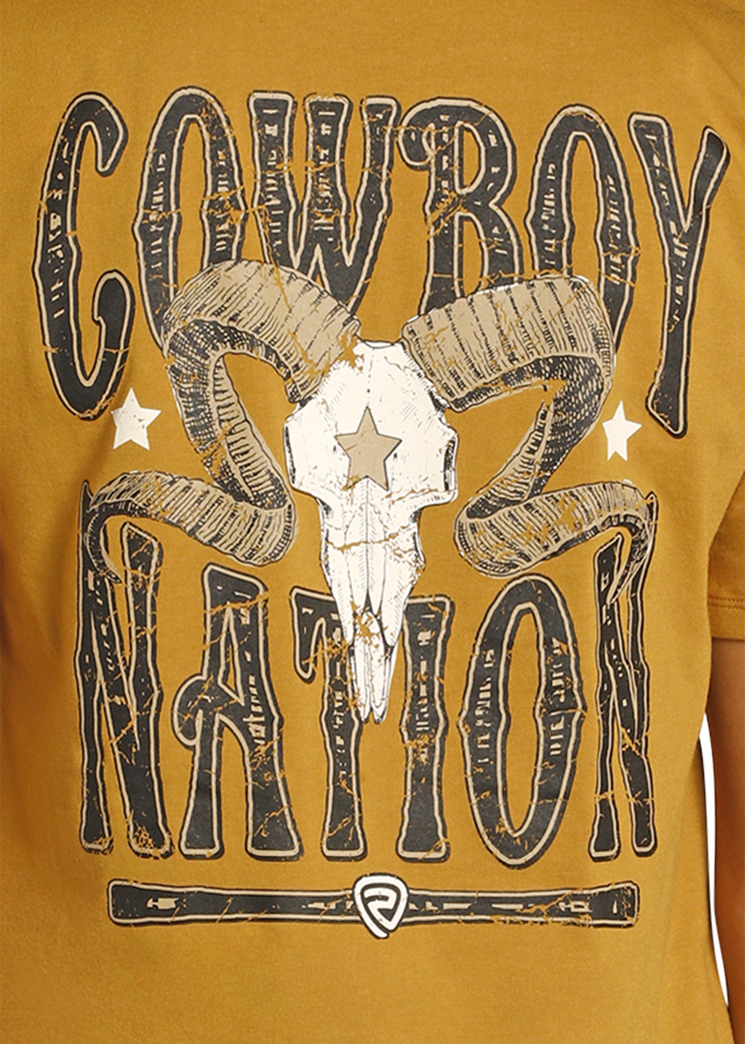 Yellow t-shirt with 'Cowboy Nation' graphic design featuring a ram skull.